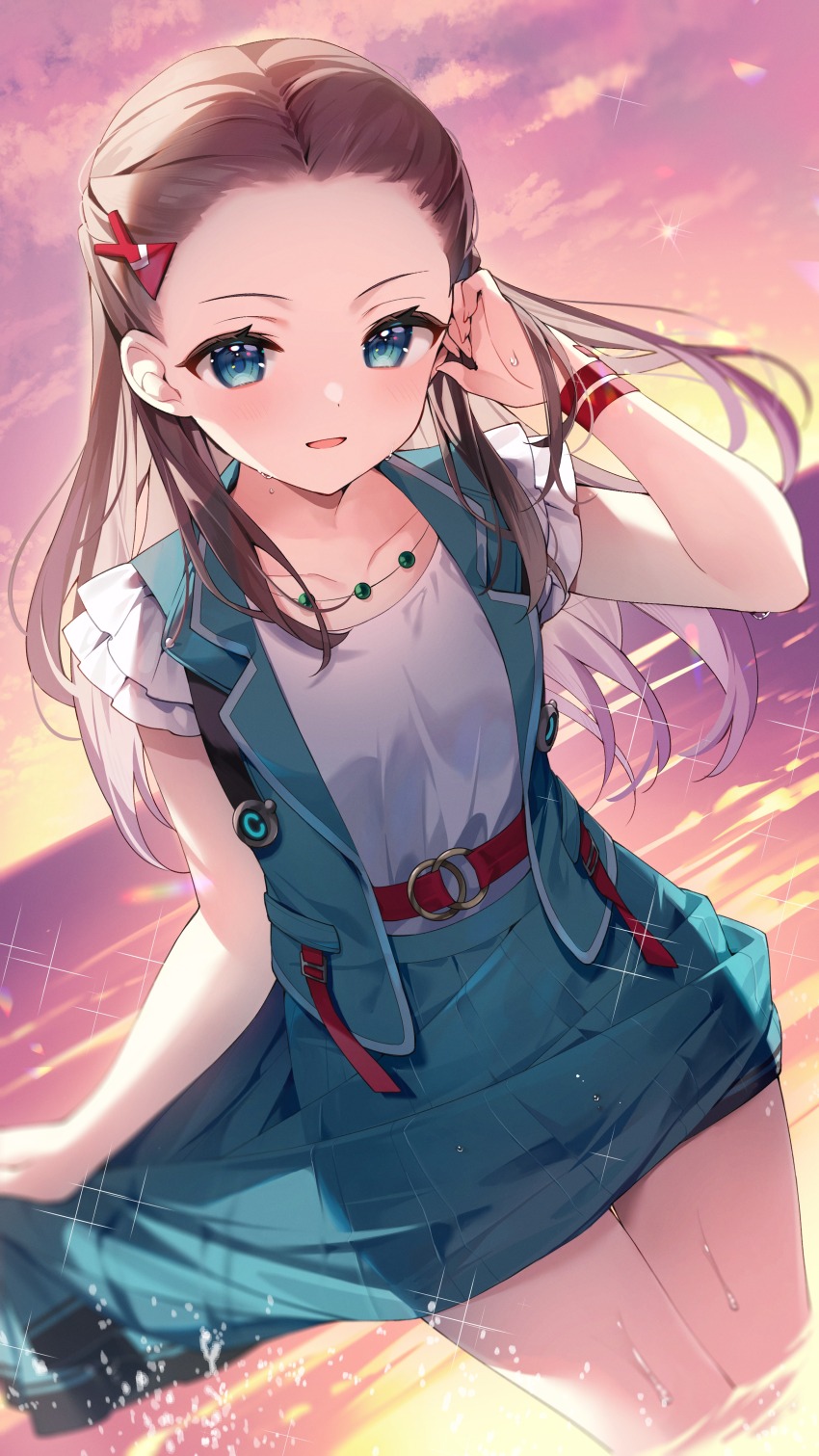 1girl absurdres adjusting_hair belt blue_eyes blue_skirt blue_vest brown_hair collarbone dutch_angle frilled_sleeves frills hair_ornament hairpin heaven_burns_red highres jewelry long_hair looking_at_viewer necklace ooshima_niina outdoors parted_lips red_belt second-party_source shallow_water shirt short_sleeves skirt skirt_hold solo suimya upper_body vest wading water white_shirt