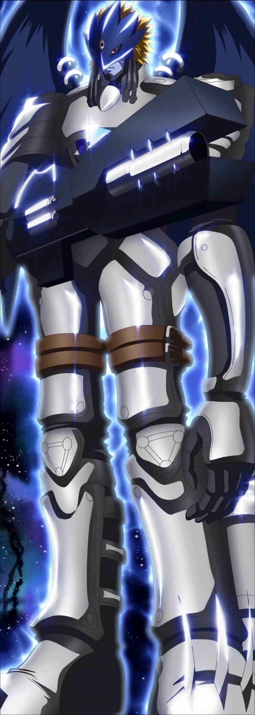 1boy absurdres armor beelzebumon_(digimon_xros_wars) digimon digimon_(creature) digimon_xros_wars gun highres male_focus screencap solo spikes third_eye weapon wings