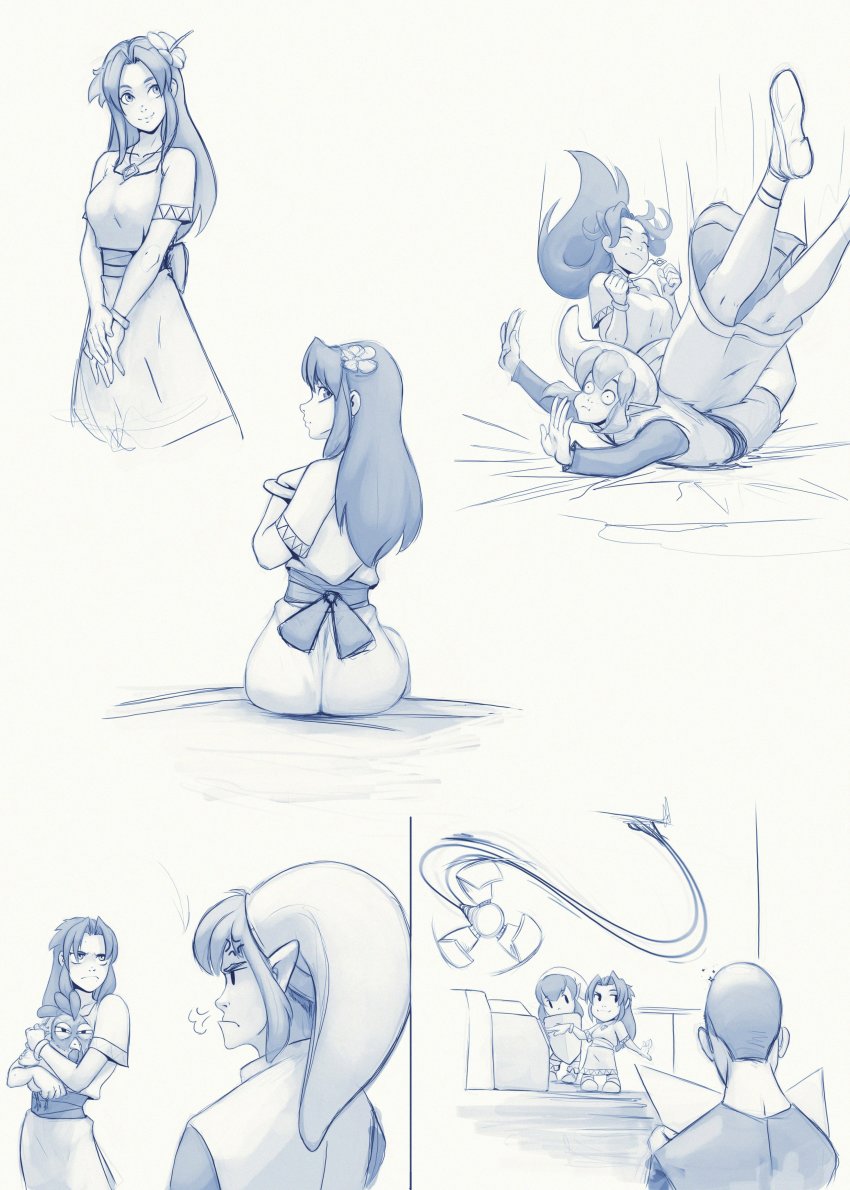 1girl 2boys absurdres annoyed artist_request ass bird character_request chicken comic dress elf grin highres link long_dress long_hair looking_back marin_(marine-sky-earth) marin_(zelda) multiple_boys nintendo pointy_ears ribbon sidelocks sitting smile source_request standing tagme the_legend_of_zelda the_legend_of_zelda:_link&#039;s_awakening
