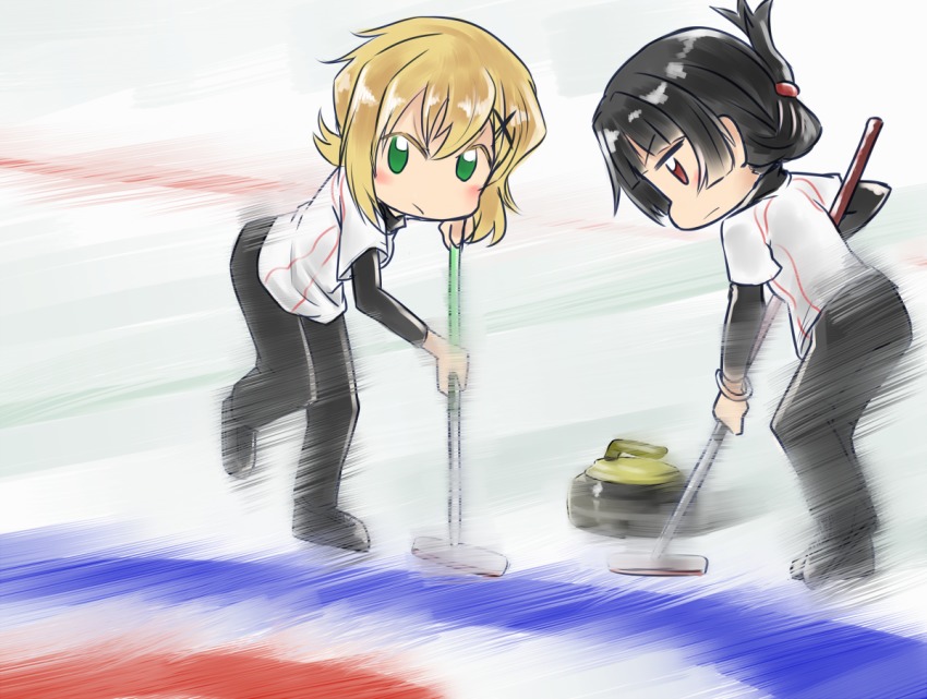2girls black_footwear black_pants black_shirt blonde_hair blush_stickers chibi curling curling_broom curling_stone folded_twintails green_eyes hair_ornament judo_fuu layered_sleeves long_hair long_sleeves multiple_girls pants profile red_eyes senki_zesshou_symphogear shirt shoes short_hair short_over_long_sleeves short_sleeves sidelocks white_shirt x_hair_ornament