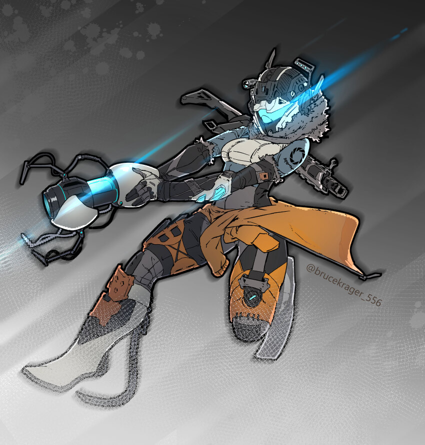 1girl absurdres aperture_science_handheld_portal_device assault_rifle boots breasts bruce_krager chell chell_(cosplay) clothes_around_waist commentary cosplay english_commentary gloves grey_boots grey_gloves grey_jacket gun highres holding holding_gun holding_weapon jacket jacket_around_waist light_trail medium_breasts pilot_(titanfall_2) portal portal_(series) portal_2 pulse_blade_pilot_(titanfall_2) rifle solo titanfall_(series) titanfall_2 twitter_username weapon weapon_on_back