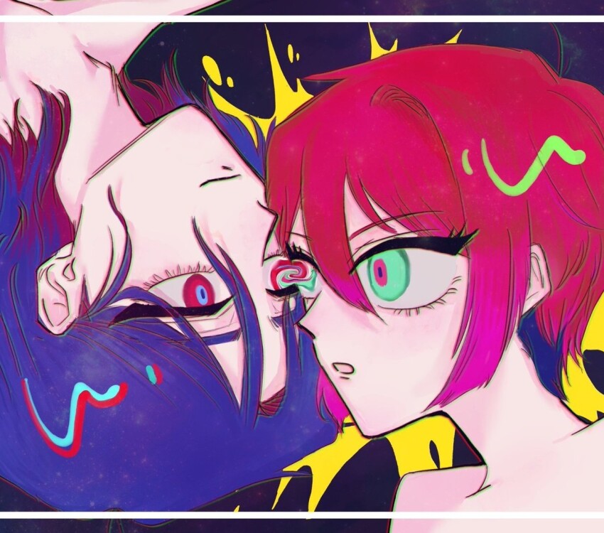 1boy 1girl abeno308 amate_yuzuriha blue_hair green_eyes gundam gundam_gquuuuuux looking_at_another multicolored_hair open_mouth red_eyes red_hair short_hair shuji_ito two-tone_hair upside-down