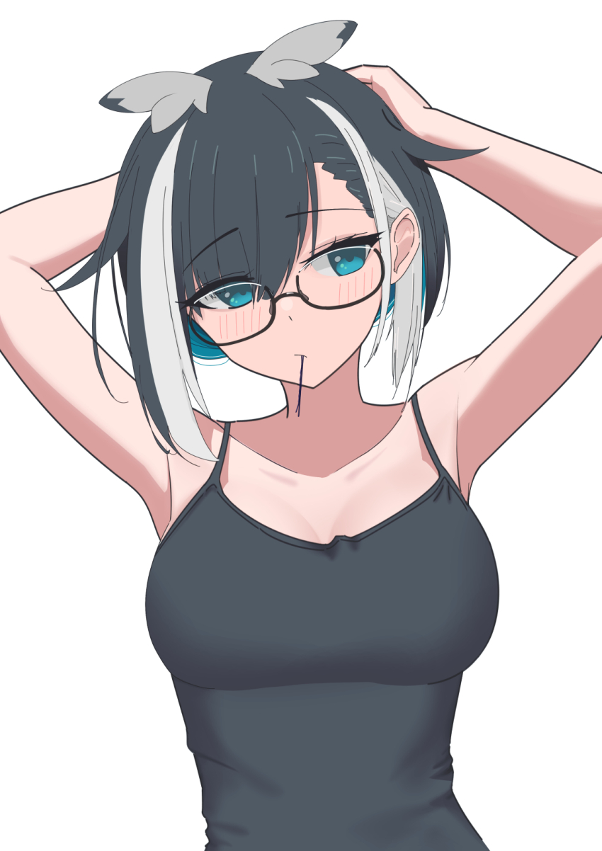 1girl alternate_costume armpits black-framed_eyewear black_cape blue_eyes blue_hair blush breasts cape closed_mouth expressionless glasses grey_hair grey_wings hair_tie_in_mouth hands_in_hair head_wings highres large_breasts looking_to_the_side mouth_hold multicolored_hair nanashi_inc. nekoemooon oura_rukako short_hair simple_background solo streaked_hair upper_body virtual_youtuber white_background wings