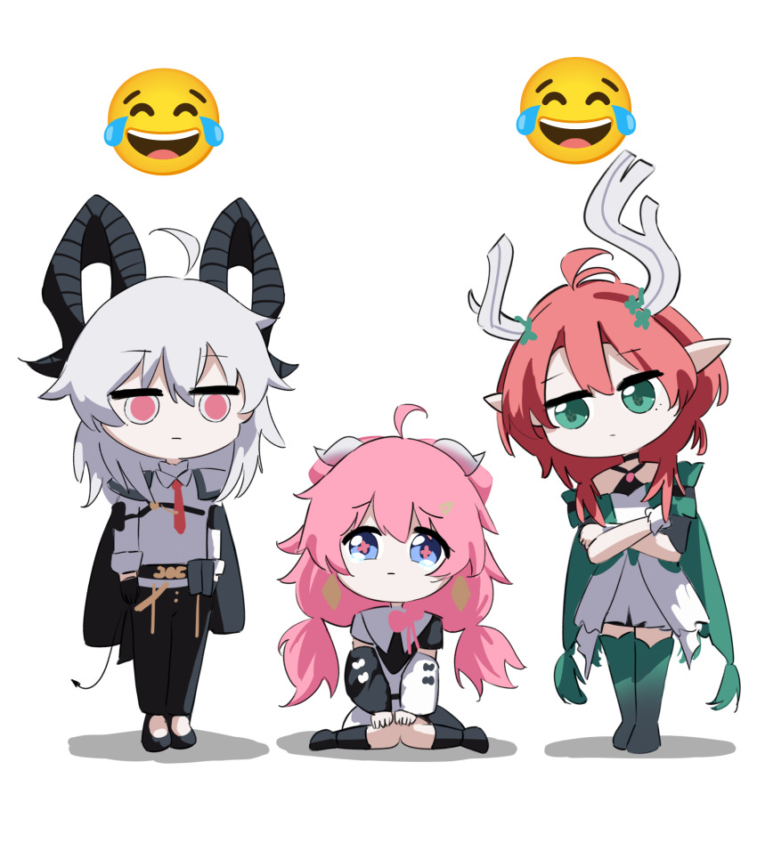 3girls absurdres ahoge black_horns black_jacket black_pants black_shoes black_tail blue_eyes chest_harness chibi chibi_only ciaccona_(wuthering_waves) closed_mouth collared_shirt commentary crossed_arms cryne curled_horns demon_tail dress emoji encore_(wuthering_waves) flower-shaped_pupils green_eyes green_thighhighs harness highres horns jacket jacket_on_shoulders joy_emoji looking_at_another low_twintails medium_hair multiple_girls necktie pants pink_hair pink_pupils pointy_ears red_eyes red_hair red_necktie shirt shoes simple_background sitting symbol-shaped_pupils tail tearing_up thighhighs twintails wariza white_background white_dress white_hair white_shirt wuthering_waves zani_(wuthering_waves)