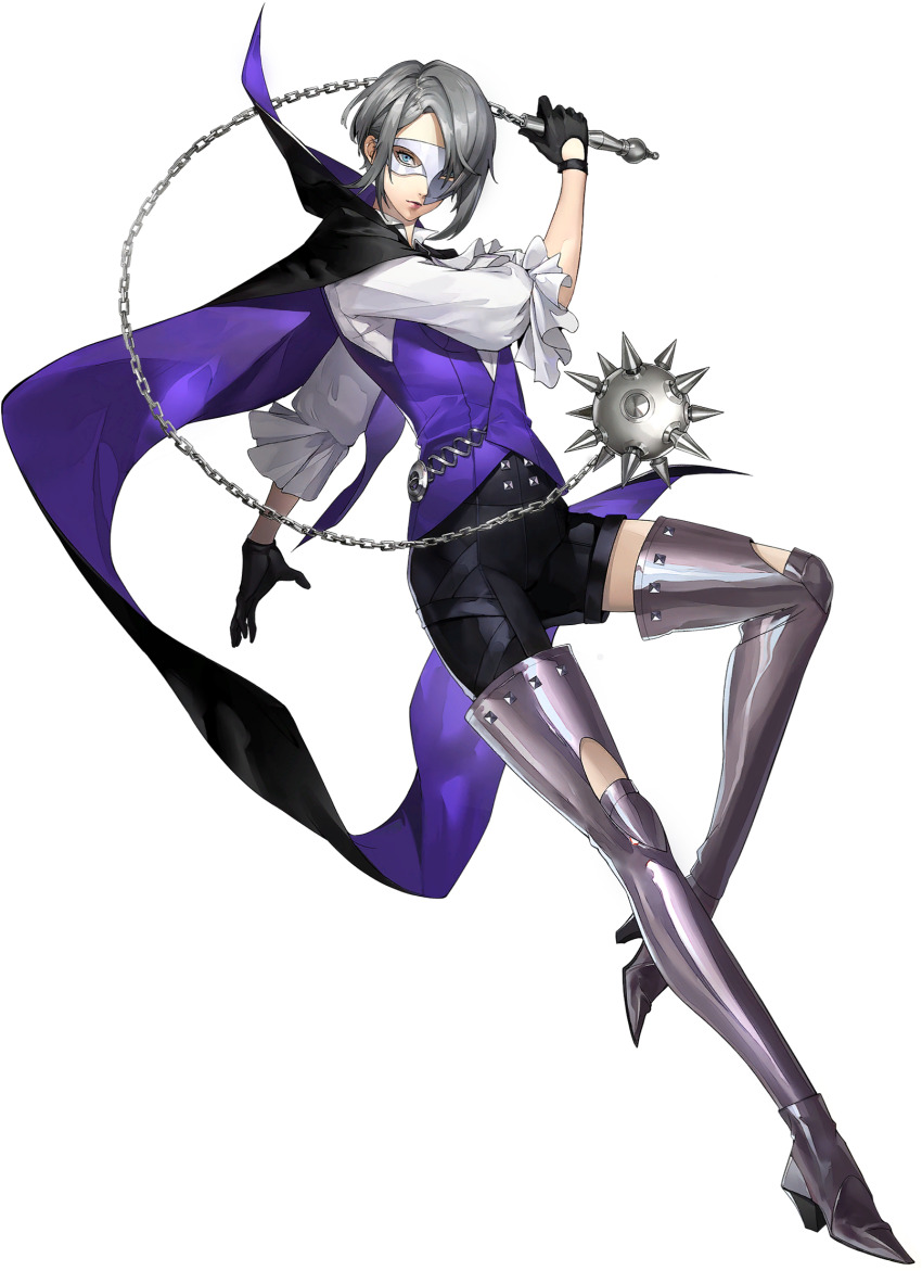 1girl ball_and_chain_(weapon) black_gloves boots flail fujikawa_yukimi gloves grey_boots grey_hair highres persona persona_5 persona_5:_the_phantom_x weapon