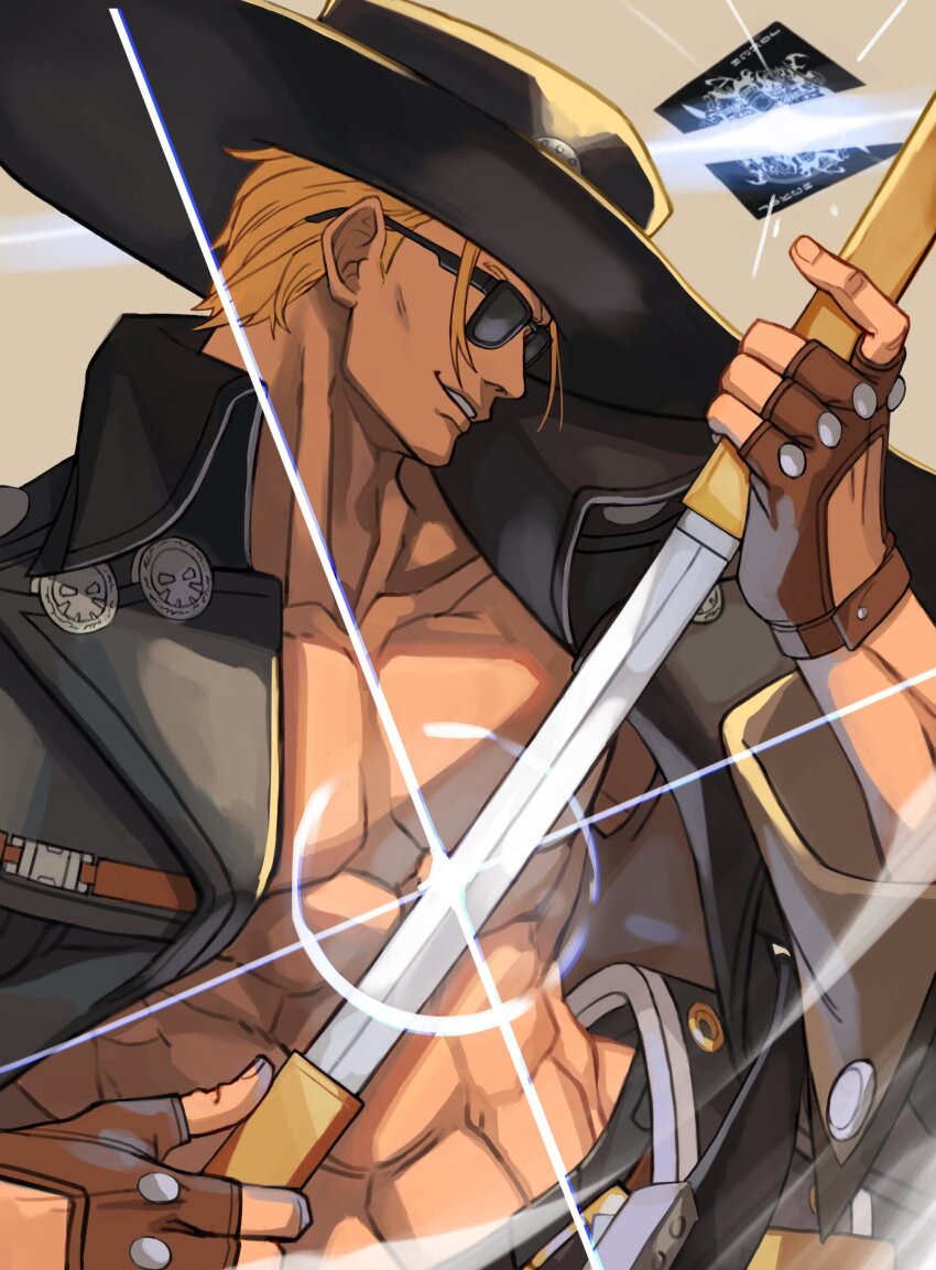 1boy abs absurdres black_jacket blonde_hair brown_gloves card chriscas collarbone cowboy_hat fingerless_gloves gloves guilty_gear guilty_gear_strive hat highres holding holding_sword holding_weapon jacket johnny_(guilty_gear) male_focus muscular muscular_male playing_card shaded_face short_hair solo sparkle sunglasses sword upper_body weapon