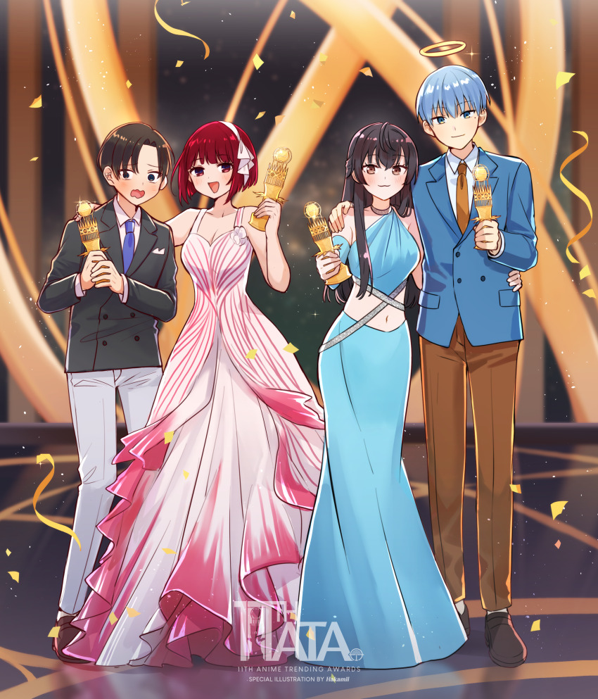 2boys 2girls :3 :d absurdres arima_kana artist_name black_hair black_jacket blue_dress blue_eyes blue_hair blue_jacket blue_necktie blurry blurry_background boku_no_kokoro_no_yabai_yatsu brown_eyes brown_necktie brown_pants buttons commentary confetti crossover double-breasted dress dress_shirt english_commentary english_text evening_gown formal_clothes full_body hair_ribbon hairband hakamii hand_on_another&#039;s_shoulder hand_on_another&#039;s_waist hand_up highres himmel_(sousou_no_frieren) holding holding_trophy ichikawa_kyoutarou jacket lapels long_hair multiple_boys multiple_crossover multiple_girls navel necktie notched_lapels open_mouth oshi_no_ko outstretched_arms pants red_dress red_eyes red_hair ribbon second-party_source shirt short_hair smile sousou_no_frieren stage standing suou_yuki tokidoki_bosotto_roshia-go_de_dereru_tonari_no_alya-san trophy watermark white_dress white_hairband white_pants white_ribbon white_shirt wing_collar