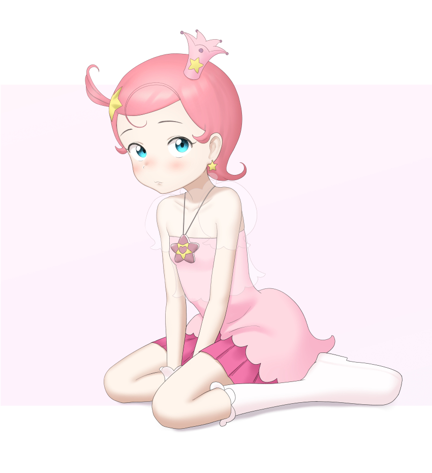 1girl absurdres arms_between_legs bare_shoulders blue_eyes blush boots comet_(comet-san) cosmic_baton_girl_comet-san crown dress earrings female_focus full_body hair_ornament highres jewelry looking_at_viewer necklace pink_dress pink_hair sc_naru short_hair sitting solo star_(symbol) star_earrings star_hair_ornament star_necklace strapless strapless_dress white_boots
