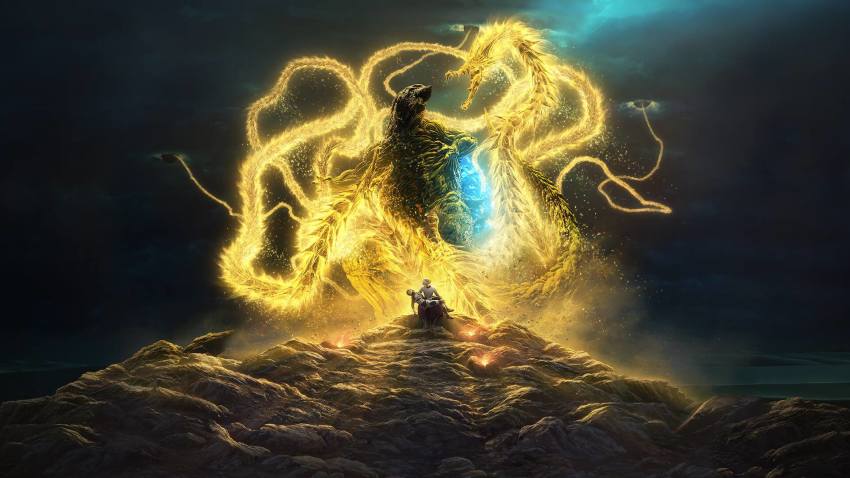 2boys alien armor blue_hair conjoined electricity_elemental elemental_(creature) embers energy energy_being epic exif extradimensional_being giant giant_monster glowing godzilla godzilla:_the_planet_eater godzilla_(series) godzilla_earth hazmat_suit highres kaiju king_ghidorah light_elemental lightning_elemental metphies military military_uniform monster movie_poster multiple_boys official_art polygon_pictures sakaki_haruo space_monster spacesuit storm tactical_clothes toho
