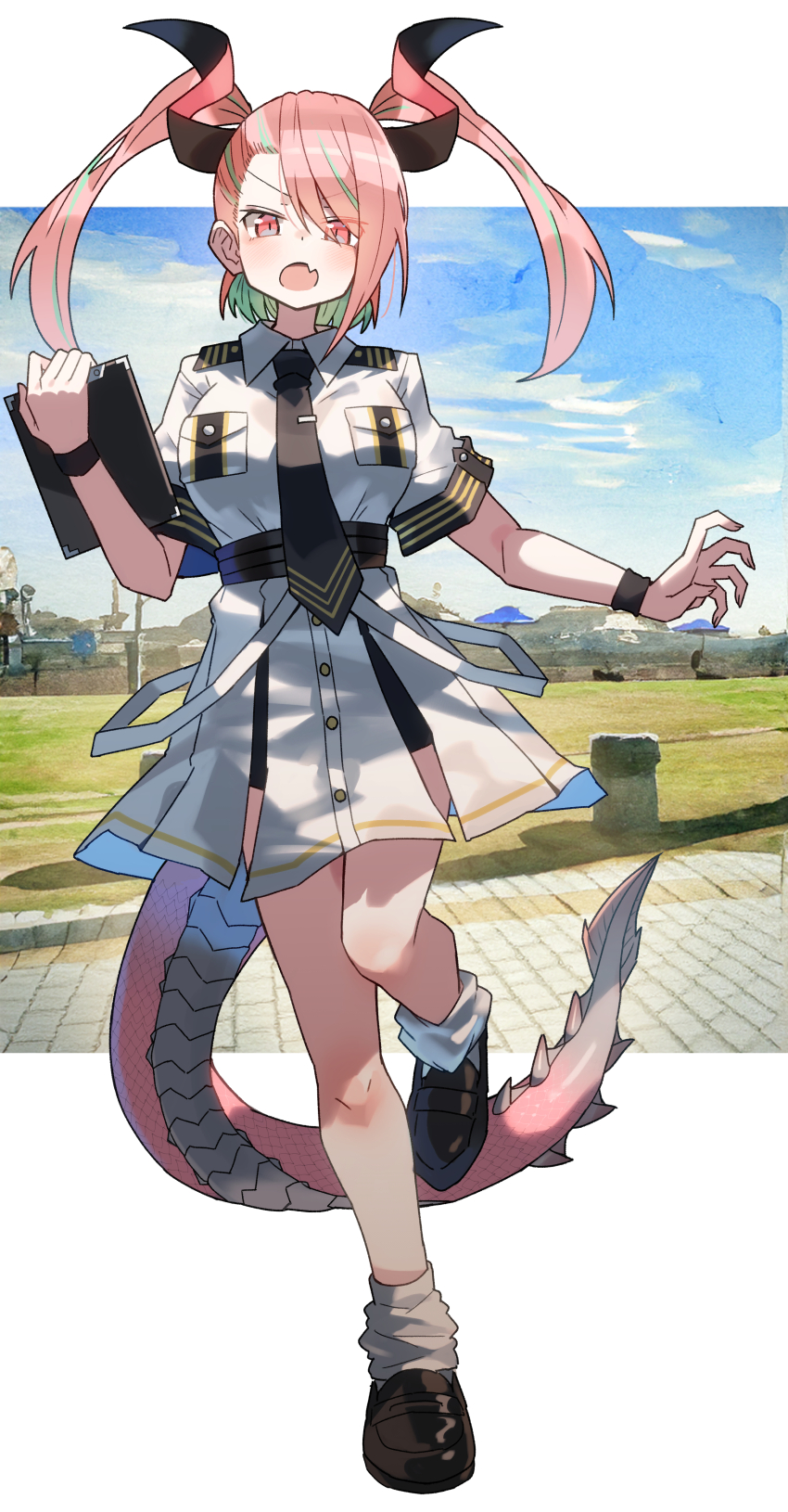 1girl absurdres black_necktie black_shoes clipboard collared_shirt full_body green_hair high-waist_skirt highres holding holding_clipboard horns katsu_(katsupainter) looking_at_viewer multicolored_hair necktie open_mouth original pink_eyes pink_hair pink_scales scales shirt shoes skirt solo standing standing_on_one_leg streaked_hair tail twintails two-tone_hair white_shirt white_skirt