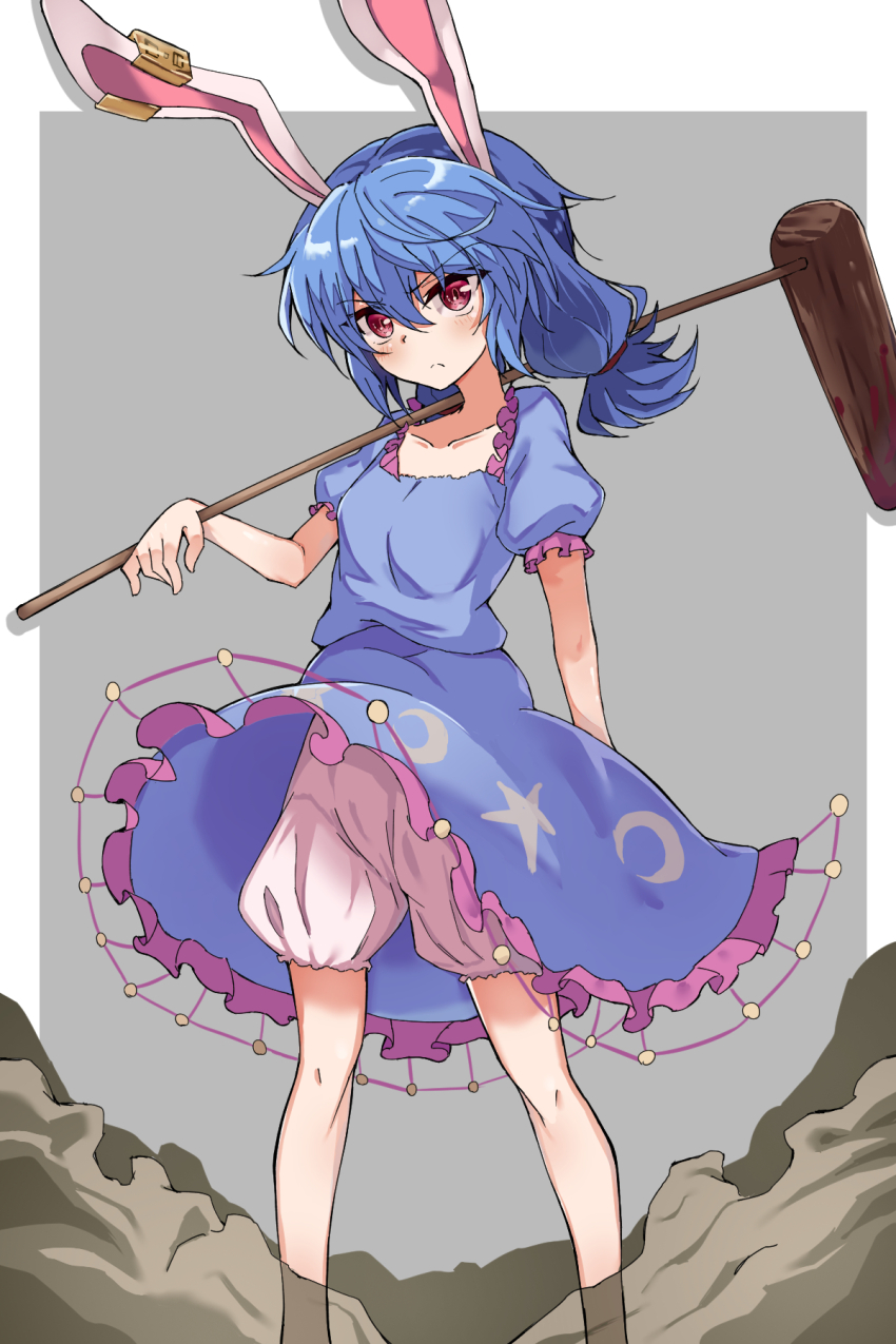 1girl animal_ears bloomers blue_dress blue_hair closed_mouth crescent_print dress earclip hair_between_eyes highres holding holding_mallet kine light_blush mallet mifutatsu ponytail rabbit_ears rabbit_girl red_eyes seiran_(touhou) solo star_(symbol) star_print touhou underwear white_bloomers