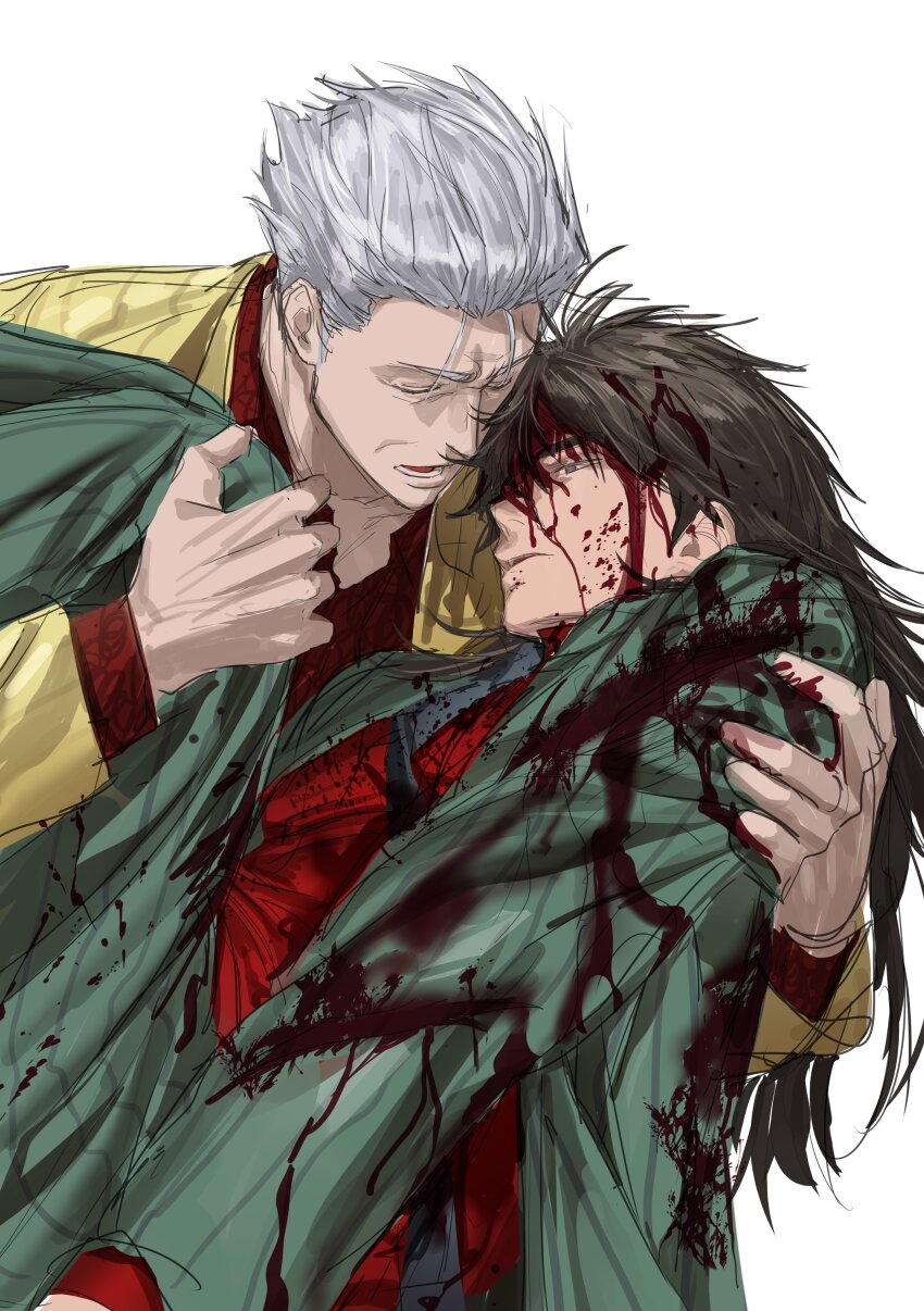2boys absurdres black_hair blood blood_on_clothes blood_on_face blood_splatter carrying chamuring commentary_request feet_out_of_frame gin_to_kin green_jacket grey_background grey_eyes grey_hair hair_between_eyes hair_down hair_slicked_back highres hirai_ginji jacket korean_commentary long_bangs long_hair lower_teeth_only male_focus morita_tetsuo multiple_boys old old_man open_mouth princess_carry red_shirt shirt short_hair simple_background teeth yellow_jacket