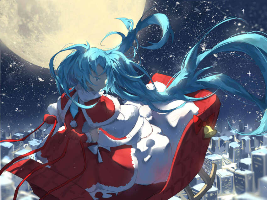 1girl absurdly_long_hair bell blue_eyes blue_hair blue_necktie bow cape capelet chinese_commentary christmas city closed_mouth colored_eyelashes commentary_request dinned dress dress_bow expressionless floating_clothes floating_hair flying full_body full_moon fur-trimmed_capelet fur-trimmed_dress fur-trimmed_gloves fur_cape fur_trim gloves hatsune_miku highres holding holding_reins long_hair looking_down moon necktie night night_sky outdoors pleated_skirt pom_pom_(clothes) red_bow red_capelet red_dress red_gloves reins sack scarf short_dress skirt sky sleigh snowing solo twintails very_long_hair vocaloid white_bow white_cape white_scarf wind