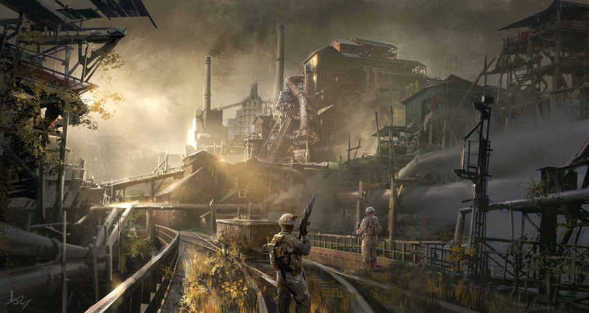 2boys abandoned absurdly_detailed_composition american_flag assault_rifle building chinese_commentary complex_exterior dawn factory from_behind grass gun helmet highres holding holding_gun holding_weapon house industrial_pipe ladder laundry ling_xiang male_focus military military_uniform mine_cart multiple_boys original outdoors pipeline railing railroad_tracks rifle ruins signature smokestack soldier sunlight walking weapon
