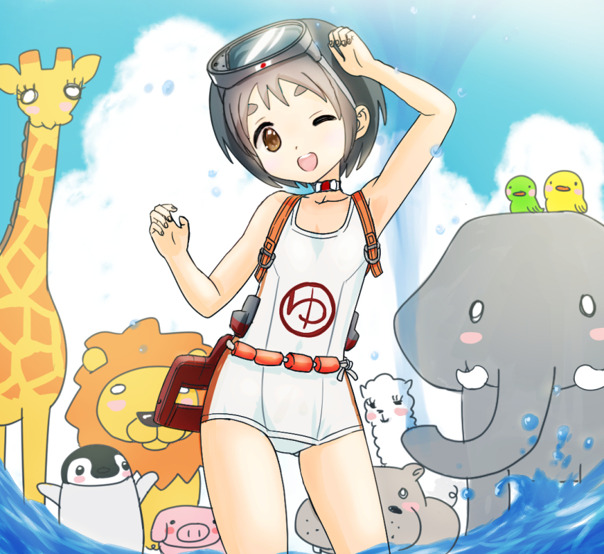1girl bird black_hair blue_sky brown_eyes choker clothes_writing cloud contrapposto diving_mask diving_mask_on_head elephant flotation_belt giraffe goggles goggles_on_head hippopotamus kantai_collection kujira_naoto lion llama looking_at_viewer maru-yu_(kancolle) one-piece_swimsuit one_eye_closed open_mouth penguin pig round_teeth school_swimsuit short_hair sky standing swimsuit teeth thick_eyebrows upper_teeth_only wading water white_choker white_one-piece_swimsuit