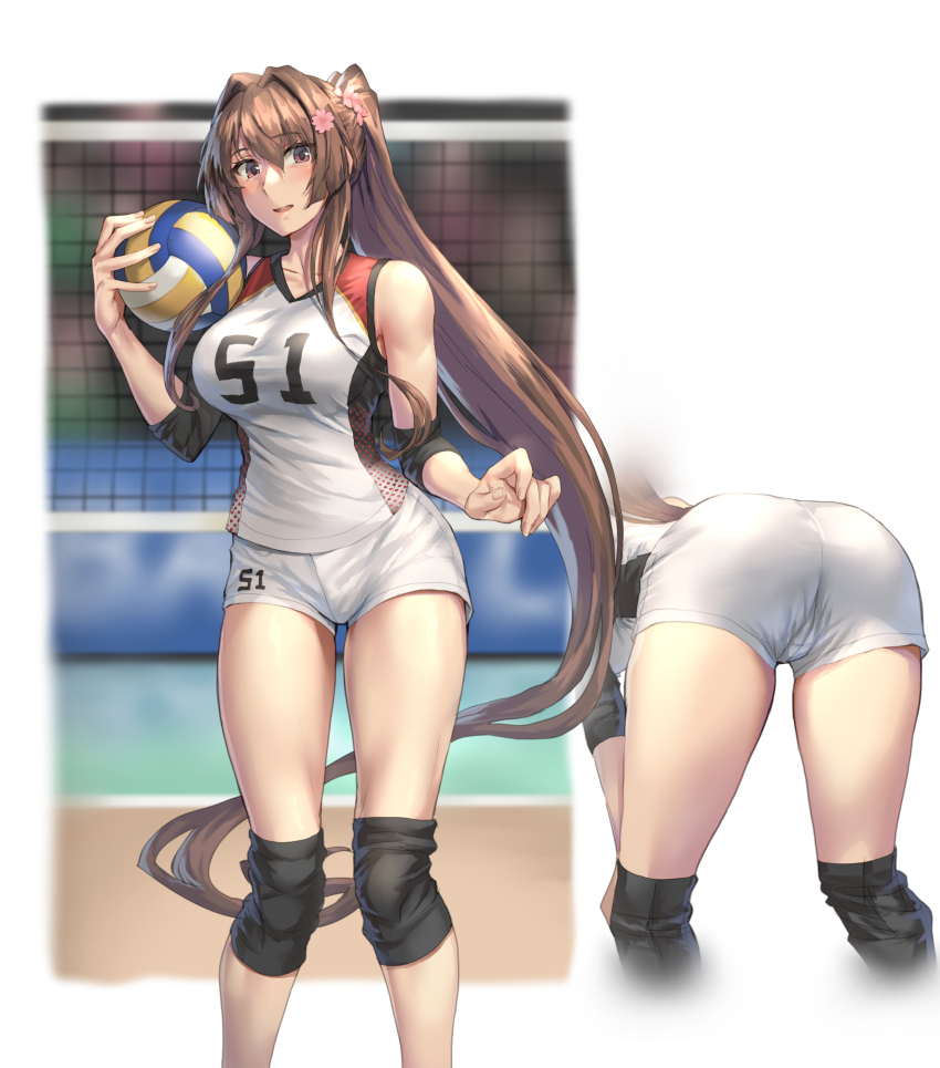 1girl ass ball blush breasts brown_eyes brown_hair clothes_writing collarbone feet_out_of_frame flower hair_between_eyes hair_flower hair_intakes hair_ornament highres holding holding_ball kantai_collection kokuzou large_breasts long_hair multiple_views open_mouth pink_flower playing_sports ponytail shirt_writing shorts smile sportswear very_long_hair volleyball volleyball_(object) volleyball_net volleyball_uniform white_shorts yamato_(kancolle)