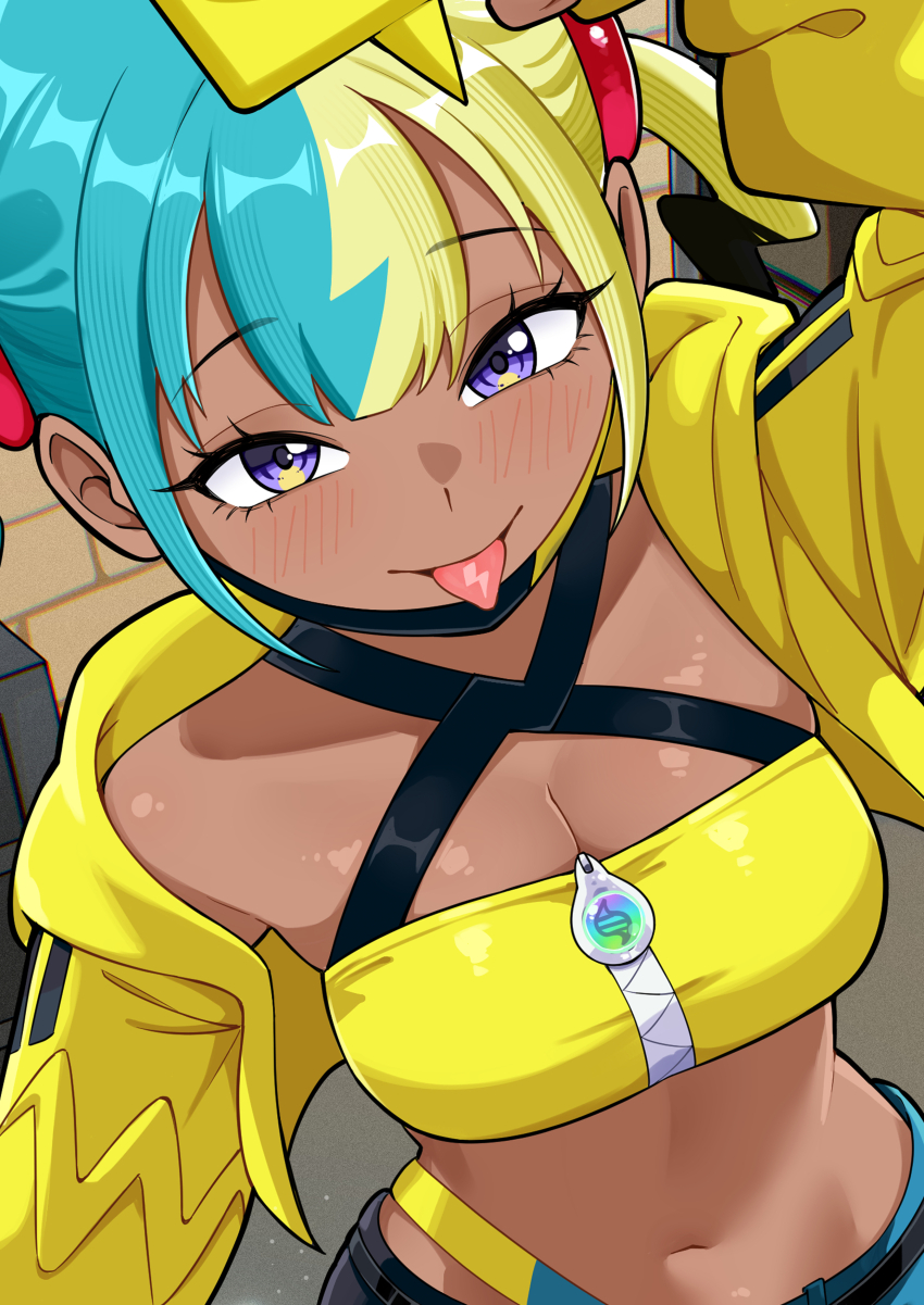 1girl absurdres aqua_hair bandeau black_mask blonde_hair blue_eyes breasts canari_(pokemon) cleavage criss-cross_straps dark-skinned_female dark_skin elpipe_3000 fake_hair_bun gen_4_pokemon hand_up highres jacket long_sleeves mask mask_pull medium_breasts mega_stone mouth_mask multicolored_hair navel nintendo pants pokemon pokemon_legends:_z-a rotom rotom_phone short_twintails solo split-color_hair tongue tongue_out twintails two-tone_mask two-tone_pants upper_body yellow_bandeau yellow_jacket yellow_mask