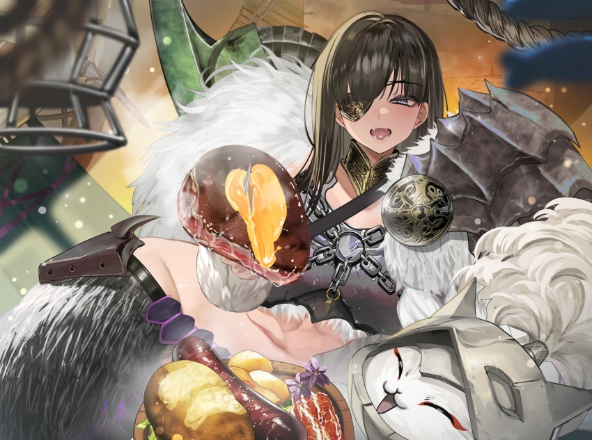 1girl arkveld_(armor) armor belt black_belt black_hair blue_eyes breastplate breasts cat chain closed_eyes eyepatch food fur_trim gore_magala_(armor) highres holding holding_food large_breasts long_hair monster_hunter_(series) monster_hunter_wilds open_mouth purple_socks single_shoulder_pad socks solo steak teddypocky teeth tongue tongue_out