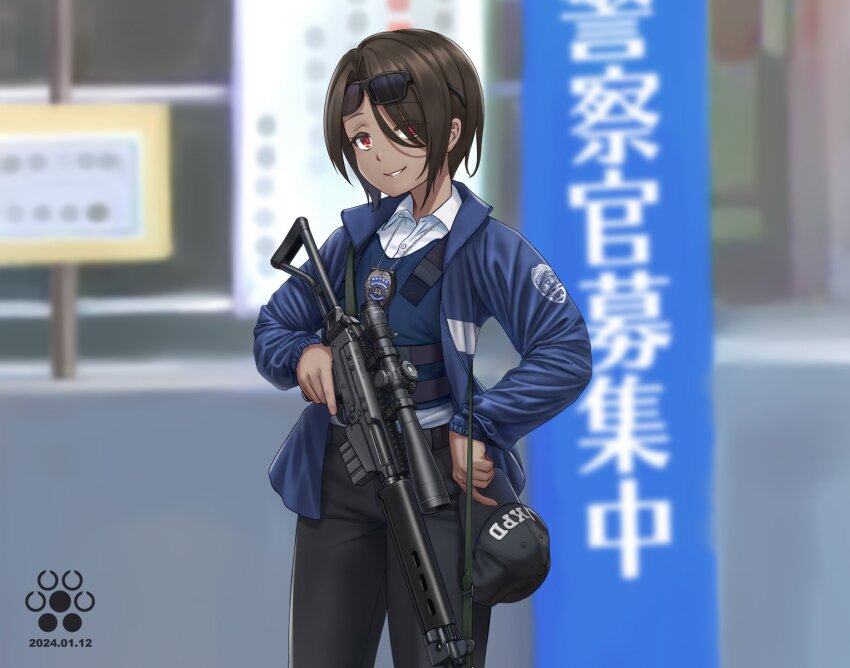 1girl black_pants blue_jacket blue_shirt blurry brown_hair bulletproof_vest check_weapon dark-skinned_female dark_skin dated depth_of_field highres jacket jpc looking_at_viewer original pants police police_uniform policewoman red_eyes scope shirt smile solo sr-25 unworn_headwear weapon_request white_shirt