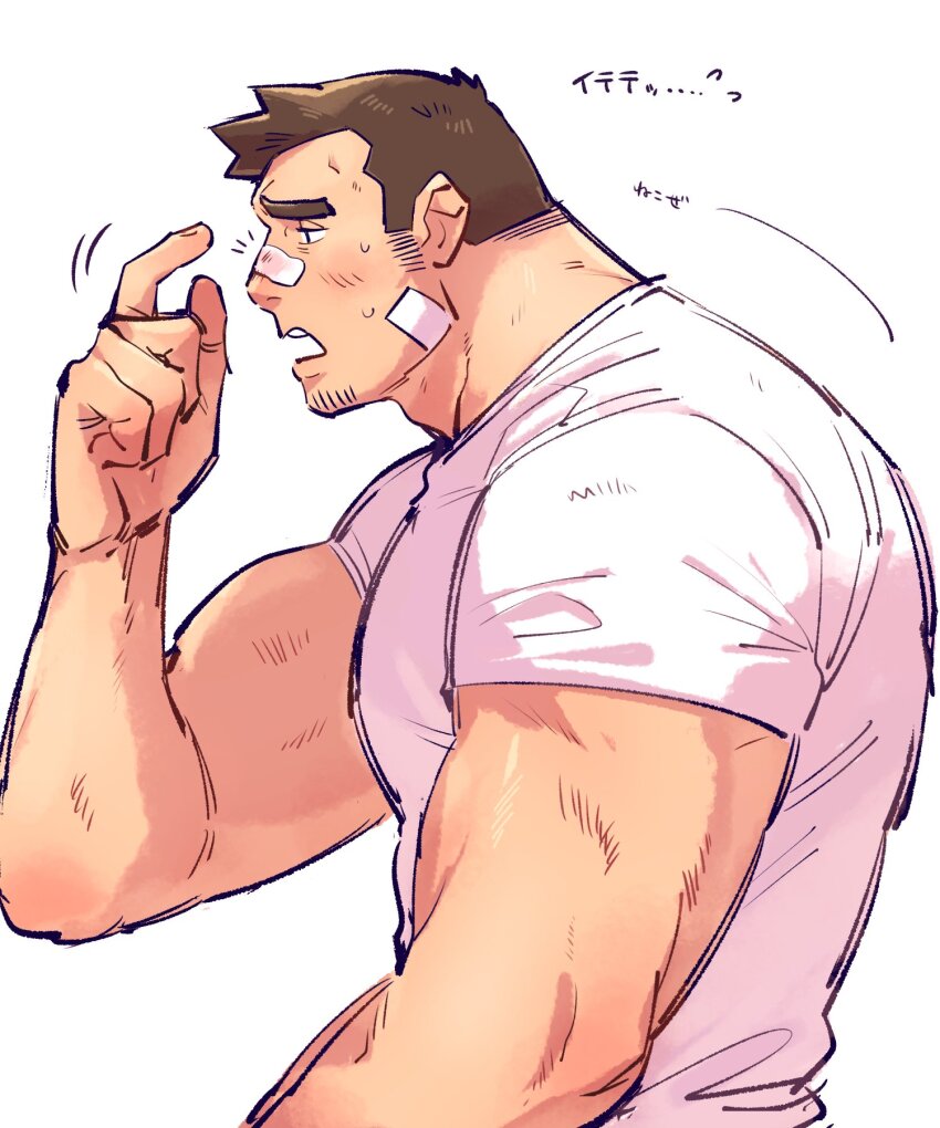 1boy ace_attorney adam&#039;s_apple bandage_on_face bandages bara brown_hair dick_gumshoe facial_hair from_side goatee_stubble highres index_finger_raised male_focus open_mouth short_hair short_sleeves sideburns_stubble sleepy solo stubble thick_neck translation_request upper_body white_background yowasabimechaoc
