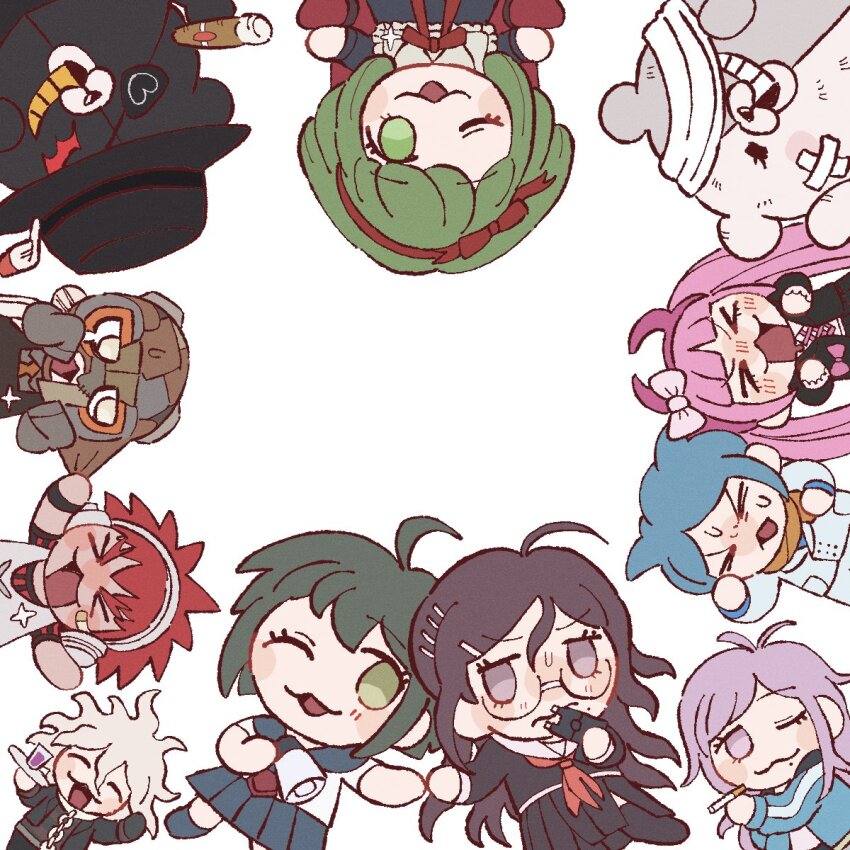 &gt;_&lt; 30en_(esx5g) 4boys 5girls ahoge antenna_hair armchair bad_id bad_twitter_id bandage_over_one_eye bandaid bandaid_on_cheek bandaid_on_face bear black_dress black_hat black_jacket black_serafuku black_shirt black_skirt black_sleeves black_socks black_vest blue_jacket blue_sailor_collar blue_shirt blue_skirt blue_sleeves blue_socks blush_stickers bow bowler_hat bowtie brooch brown_scarf buttons chair chibi cigarette closed_mouth collar collared_dress collared_jacket collared_shirt commentary_request cross-laced_jacket crossed_bandaids daimon_masaru_(danganronpa) danganronpa_(series) danganronpa_another_episode:_ultra_despair_girls double-breasted dress everyone eyelashes eyepatch flat_color formal_clothes frilled_collar frilled_sleeves frills frown fukawa_toko furrowed_brow green_eyes green_hair grey_eyes grey_shirt grey_sleeves hagakure_hiroko hair_ears hair_ornament hairband hairclip hat hat_feather heart heart_print high_collar highres holding holding_cigarette holding_hands holding_megaphone holding_weapon horn_bow horn_hairband horn_ornament horns jacket jersey jewelry kemuri_jataro kneehighs komaeda_nagito kurokuma_(danganronpa) layered_sleeves long_hair long_skirt looking_at_another looking_at_viewer mask medium_hair megaphone messy_hair miniskirt mole mole_under_mouth multiple_boys multiple_girls naegi_komaru neckerchief necktie on_chair one_eye_closed open_clothes open_jacket open_mouth orange_necktie pants patchwork_clothes pink_bow pink_hairband pink_horns pleated_skirt pocket purple_eyes purple_hair red_bow red_bowtie red_hair red_neckerchief sailor_collar scarf school_uniform serafuku shingetsu_nagisa shirokuma_(danganronpa) shirt short_hair short_sleeves simple_background sitting skirt skirt_set sleeves_past_fingers sleeves_past_wrists smile socks spiked_hair straight_hair suit taser towa_monaca twintails upside-down utsugi_kotoko v-shaped_eyebrows very_long_hair vest wavy_mouth weapon white_background white_bow white_collar white_headphones white_jacket white_pants white_sailor_collar white_shirt white_sleeves white_suit white_vest