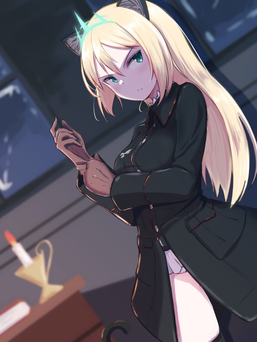 1girl absurdres animal_ears black_jacket blonde_hair blurry blurry_background candle cat_ears cat_tail desk gloves heinrike_prinzessin_zu_sayn-wittgenstein highres indoors jacket long_hair military military_uniform no_pants noble_witches sinosaki_cat solo standing tail window world_witches_series