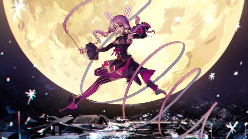 1girl black_shirt black_skirt black_sleeves blurry blurry_background commentary crescent_cutout danjou_sora detached_sleeves facial_tattoo female_focus full_moon hair_ornament hairclip hand_up highres holding holding_wand leg_up long_ribbon looking_at_viewer moon night night_sky open_mouth outstretched_arm purple_eyes purple_hair purple_thighhighs ribbon shirt skirt sky smile solo spiral star_(sky) tattoo thighhighs vocaloid voiceroid wand yuzuki_yukari yuzuki_yukari_(mu)