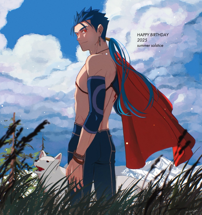 1boy absurdres blue_hair blue_sky bracelet cape cloud cloudy_sky cowboy_shot cu_chulainn_(fate) cu_chulainn_(fate/stay_night) dated day detached_sleeves dog earrings english_text fate/grand_order fate_(series) grass hair_tubes happy_birthday highres ima_yonderu jewelry long_hair looking_at_viewer looking_back male_focus mountain outdoors pants ponytail red_eyes single_hair_tube sky smile solo topless_male
