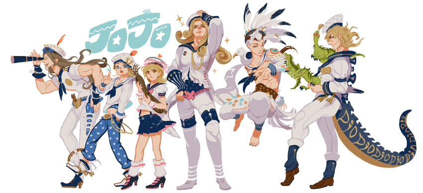 1girl 5boys blonde_hair diego_brando dinosaurs dixie_cup_hat funny_valentine gyro_zeppeli hat headdress highres johnny_joestar jojo_no_kimyou_na_bouken jojolion lucy_steel meniusa meniusa_lau military_hat multiple_boys native_american_headdress sailor sailor_hat sandman_(sbr) scary_monsters_(stand) stand_(jojo) steel_ball_run tail telescope