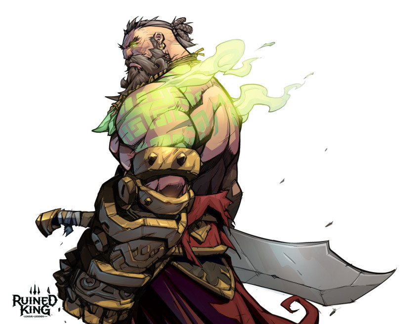 1boy aron_lusen beard brown_hair cloak copyright_name cowboy_shot earrings facial_hair from_side gangplank_(league_of_legends) gauntlets glowing glowing_eyes grey_background hicham_habchi highres jewelry league_of_legends male_focus monochrome muscular muscular_male mustache official_alternate_costume official_art orange_eyes oversized_object red_cloak ruined_king:_a_league_of_legends_story short_hair shoulder_tattoo simple_background solo steam sword tattoo torn_cloak torn_clothes weapon white_background
