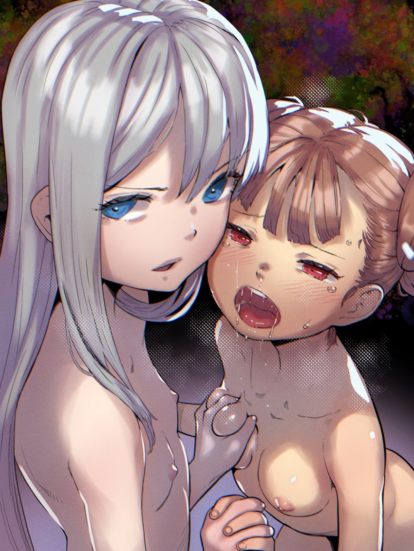 2girls blue_eyes blush breast_envy breasts brown_hair collarbone completely_nude crying crying_with_eyes_open dark_background drooling face-to-face female_focus grabbing_another&#039;s_breast grey_hair groping highres holding_hands interlocked_fingers long_hair looking_at_viewer medium_breasts multiple_girls naughty_face nipples nude open_mouth original parted_lips red_eyes saliva saliva_trail short_hair side_bun simple_background skindentation small_breasts snot soon_(c-u-soon) standing sweat tearing_up tears teeth tongue tsurime upper_teeth_only variant_set yuri