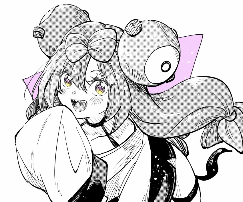 1girl absurdres bow-shaped_hair character_hair_ornament greyscale hair_ornament highres iono_(pokemon) kudou_makoto long_hair low-tied_long_hair monochrome nintendo pokemon pokemon_sv sharp_teeth simple_background teeth twintails very_long_hair white_background