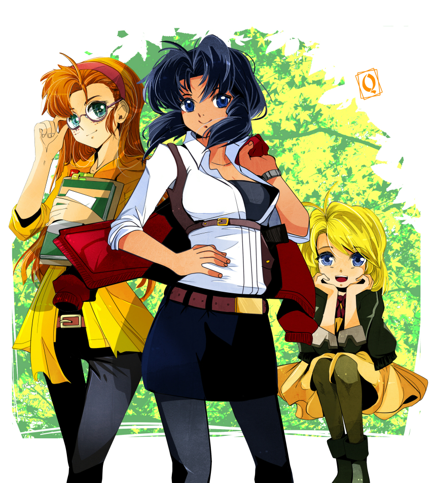1990s_(style) 3girls absurdres becky_farrah black_hair black_legwear blonde_hair blue_eyes breasts brown_hair colorized dark-skinned_female dark_skin freckles glasses green_eyes gunsmith_cats hairband hand_on_own_hip head_rest highres holster jacket jacket_over_shoulder large_breasts long_hair minnie_may_hopkins multiple_girls notebook pants pantyhose qsan90 rally_vincent retro_artstyle semi-rimless_eyewear short_hair shoulder_holster sitting skirt sleeves_rolled_up smile under-rim_eyewear unworn_jacket