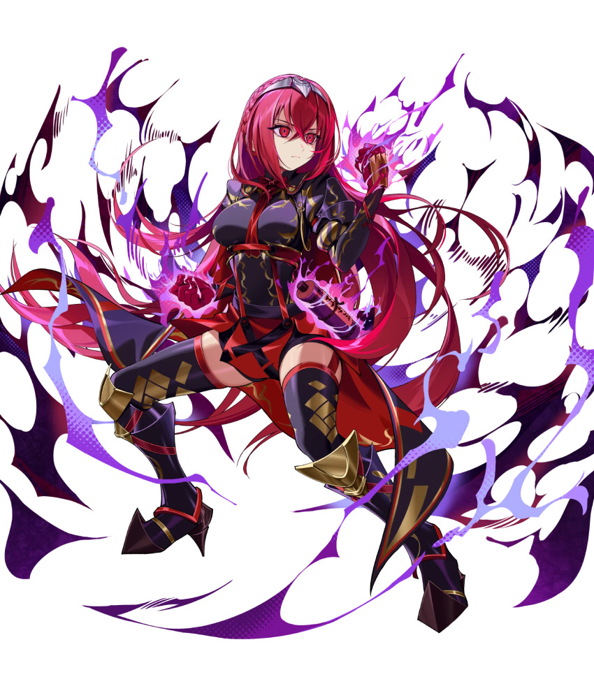 1girl aura black_cape braid breasts cape crown_braid dark_aura female_alear_(fell_dragon)_(fire_emblem) female_alear_(fire_emblem) female_alear_(red_days_past)_(fire_emblem) fire_emblem fire_emblem_engage fire_emblem_heroes gloves highres medium_breasts nintendo non-web_source red_cape red_eyes red_gloves red_hair solo thighhighs tiara two-sided_cape two-sided_fabric