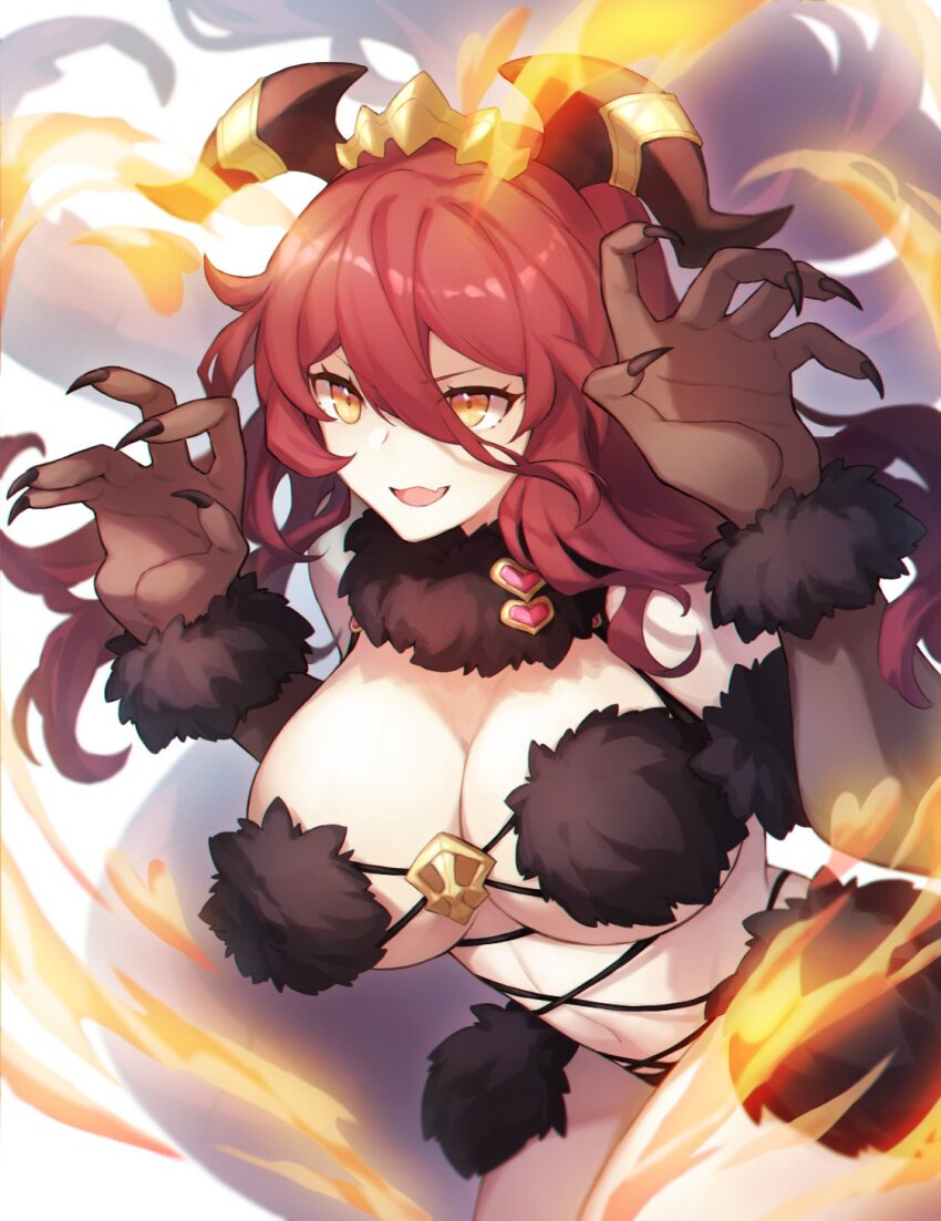 1girl :d breasts cleavage cosplay dragalia_lost dragalinuka dragon_girl dragon_horns dragon_tail fang fate/grand_order fate_(series) fingernails fire fur_bra fur_collar fur_trim gloves highres horns large_breasts long_bangs mash_kyrielight mash_kyrielight_(dangerous_beast) mash_kyrielight_(dangerous_beast)_(cosplay) mym_(dragalia_lost) open_mouth orange_eyes red_hair revealing_clothes sharp_fingernails skin_fang smile solo tail