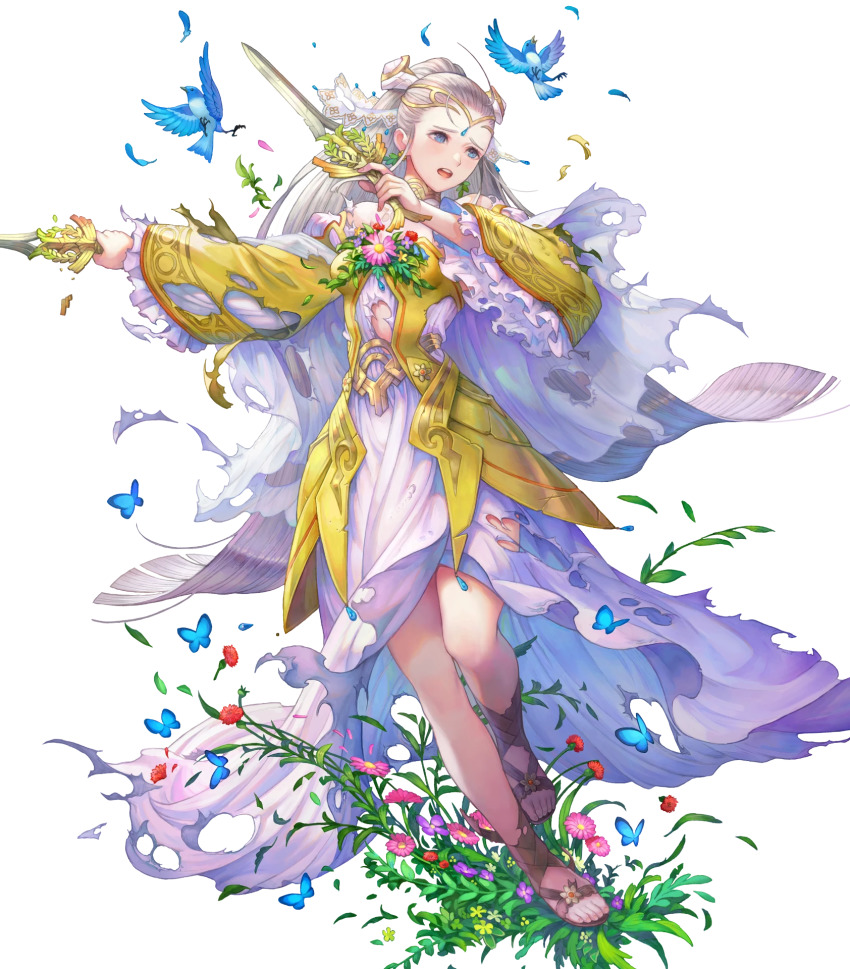 1girl animal bird blue_butterfly blue_eyes breasts bug butterfly comic covered_collarbone dagger detached_sleeves dress dual_wielding earrings eir_(fire_emblem) eir_(life_ascendant)_(fire_emblem) feet female_focus fire_emblem fire_emblem_heroes flower flower_earrings frills full_body gold_trim grey_hair haccan hair_ornament highres holding holding_dagger holding_knife holding_weapon insect jewelry knife long_dress long_hair medium_breasts nintendo non-web_source official_art ponytail sandals see-through_clothes skirt solo thighs tiara toes torn_clothes torn_dress torn_skirt torn_sleeves transparent_background weapon wide_sleeves