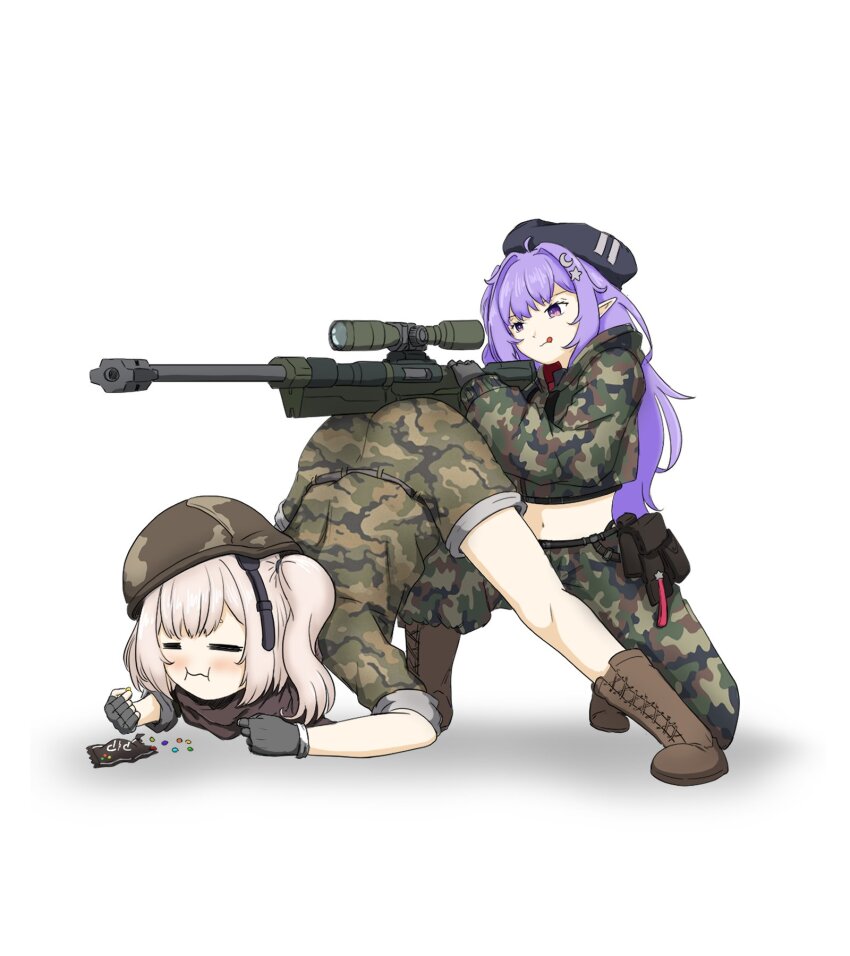 2025 2girls blush closed_eyes eepy_sleepy gun highres indie_virtual_youtuber jack-o&#039;_challenge koboldtweets marimari_(vtuber) multiple_girls phase_connect rifle virtual_youtuber weapon white_background