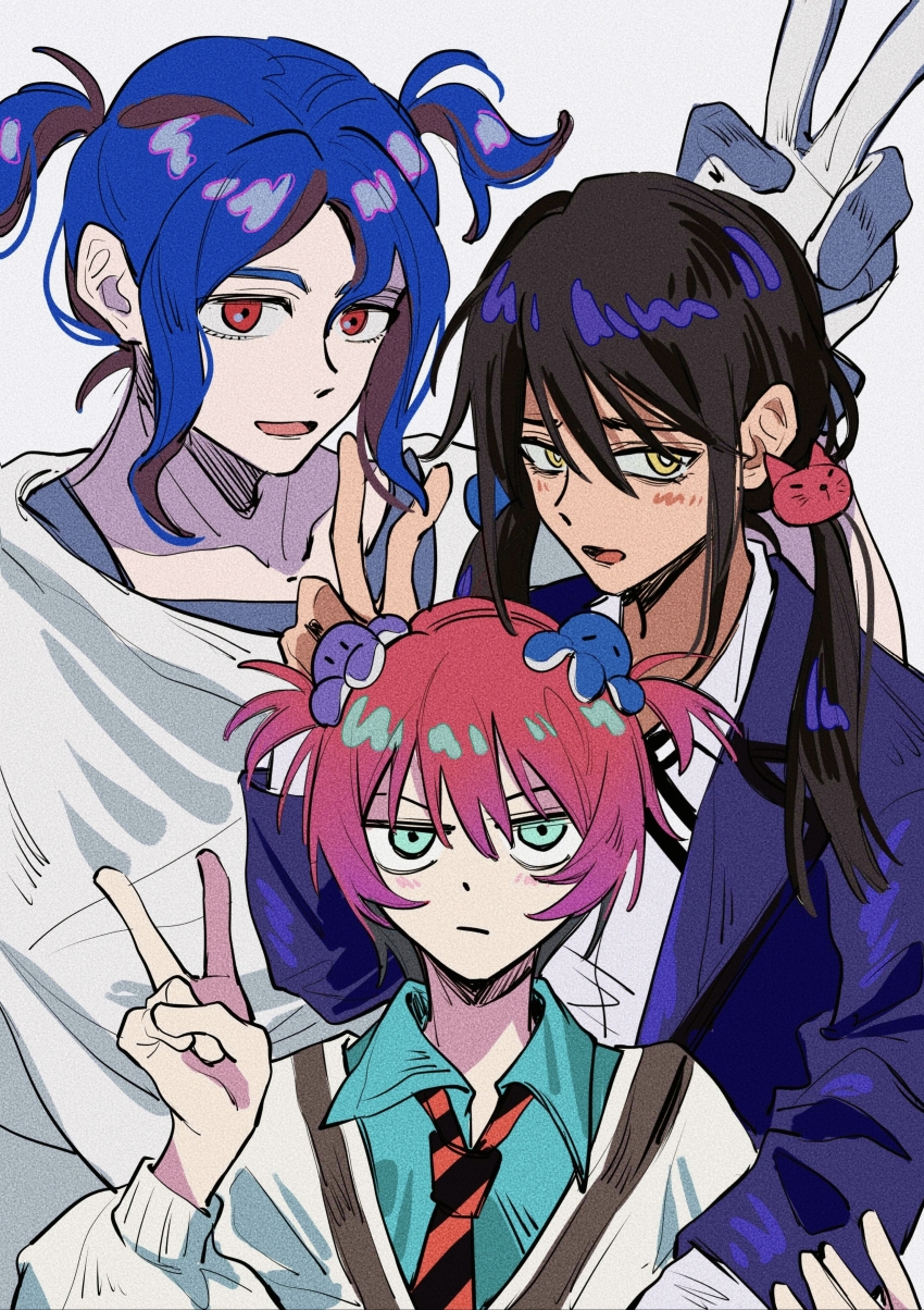 1boy 2girls absurdres alternate_hairstyle amate_yuzuriha aqua_eyes blue_hair blush chinese_commentary collared_shirt colored_inner_hair commentary_request gloves gundam gundam_gquuuuuux hair_ornament highres jacket jitome long_hair long_sleeves looking_at_viewer multicolored_hair multiple_girls necktie nyaan_(gundam_gquuuuuux) open_mouth purple_hair red_eyes red_hair school_uniform shirt short_hair short_twintails shuji_ito simple_background sweater twintails two-tone_hair v white_background xianyuling245 yellow_eyes
