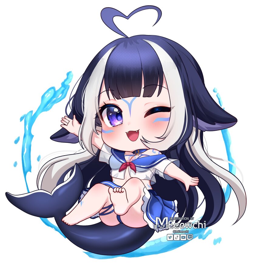 1girl absurdres ahoge animal_ears bikini bikini_under_clothes blue_bikini blue_hair blue_sailor_collar blush breasts cetacean_tail chibi cropped_shirt facial_mark fangs fins fish_tail heart heart_ahoge highres indie_virtual_youtuber looking_at_viewer medium_breasts meeewchi multicolored_hair one_eye_closed open_mouth orca_girl purple_eyes sailor_collar school_uniform serafuku shirt shylily shylily_(1st_costume) smile streaked_hair swimsuit tail virtual_youtuber white_hair white_serafuku white_shirt