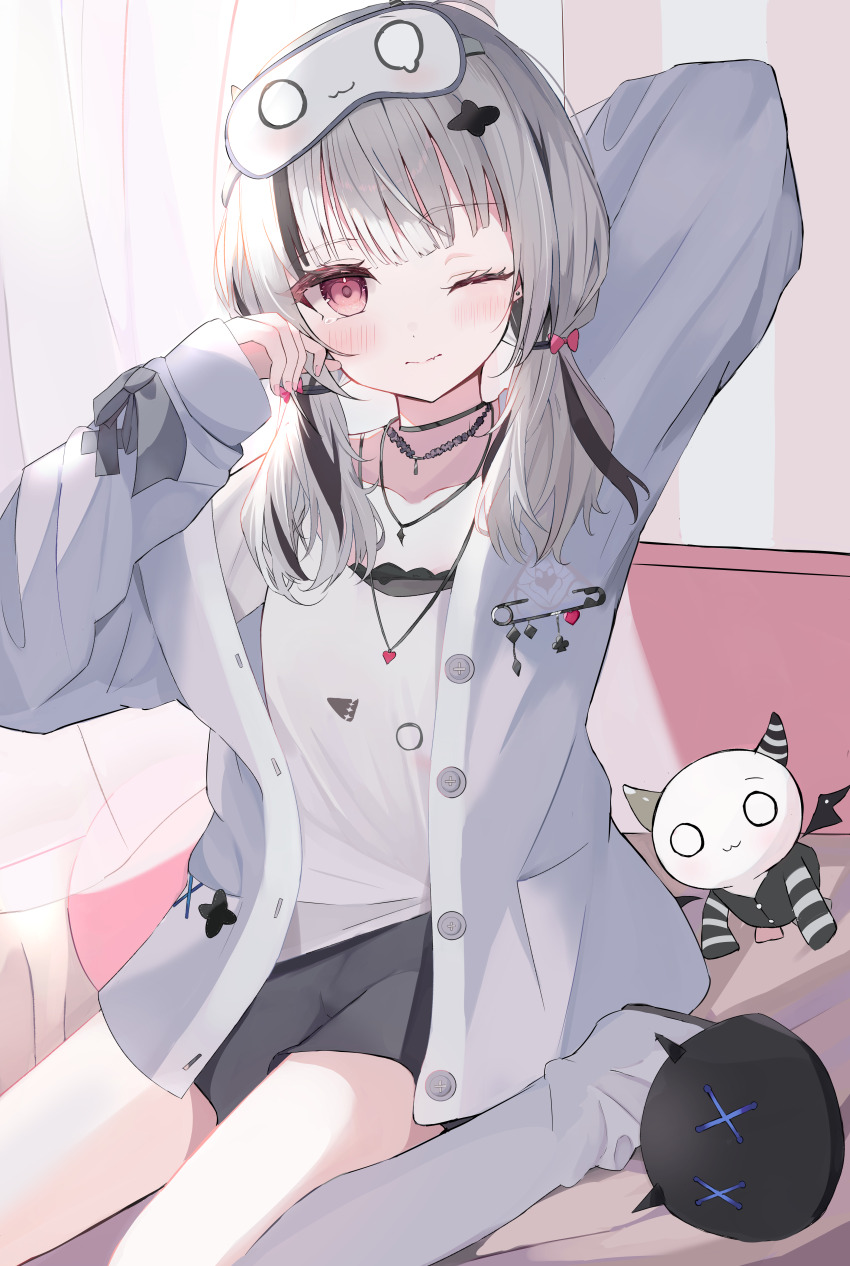 1girl absurdres arm_behind_head arm_up asumi_sena black_hair black_shorts black_slippers closed_mouth flowle_ow0 grey_hair hand_up highres indoors jacket jewelry kneeling long_sleeves looking_at_viewer multicolored_hair necklace on_bed one_eye_closed open_clothes open_jacket pink_eyes shirt shorts single_thighhigh slippers solo streaked_hair tearing_up thighhighs virtual_youtuber vspo! white_shirt white_thighhighs