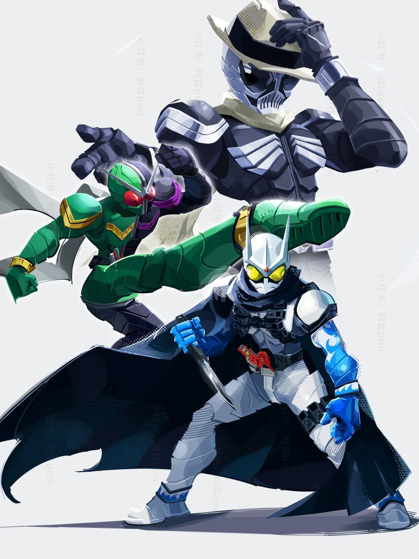 3boys armor black_armor black_cape cape compound_eyes dagger double_driver full_body green_armor green_helmet helmet highres holding holding_dagger holding_knife holding_weapon kamen_rider kamen_rider_double_(cyclonejoker) kamen_rider_eternal kamen_rider_w knife male_focus multiple_boys penpenhuihui power_armor red_eyes simple_background skull_head weapon white_armor white_background white_helmet yellow_eyes