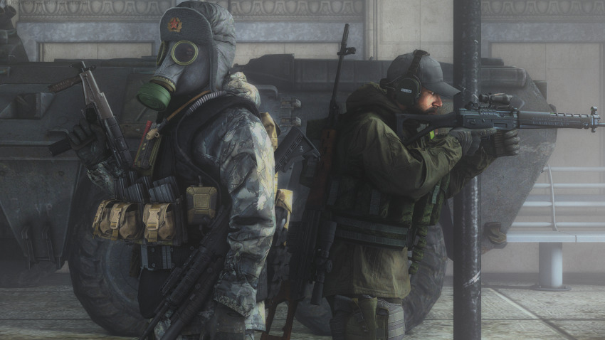 1boy 1other acog aiming ambiguous_gender ammunition_pouch armored_personnel_carrier armored_vehicle assault_rifle back-to-back black_facial_hair black_gloves black_vest blurry bulletproof_vest call_of_duty call_of_duty_4 camouflage camouflage_jacket chest_rig commentary depth_of_field dragunov_svd english_commentary facial_hair folding_stock from_side fur_hat garage gas_mask gloves green_jacket green_pants grenade_launcher grey_headwear grey_shirt gun h&amp;k_usp hammer_and_sickle handgun hat hat_ornament headset heckler_&amp;_koch highres holding holding_gun holding_weapon hood hood_down hooded_jacket jacket kaymanovite m203 m4_carbine magazine_(weapon) mask military military_hat military_jacket military_vehicle motor_vehicle nose optical_sight pants pouch profile realistic red_star rifle scope shirt sig_sauer sig_sg550 sniper_rifle sr-2_veresk star_(symbol) star_hat_ornament submachine_gun ultranationalist underbarrel_grenade_launcher upper_body urban_camouflage ushanka vertical_foregrip vest weapon weapon_on_back wreath