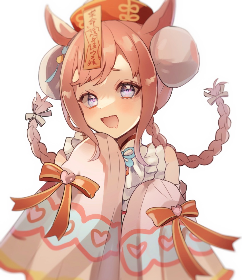 1girl absurdres agnes_digital_(lovely_jiangshi)_(umamusume) agnes_digital_(umamusume) alternate_costume alternate_hairstyle animal_ears bare_shoulders blue_eyes braid detached_sleeves double_bun ear_ornament hair_bun hat headwear_request highres horse_ears horse_girl jiangshi long_hair long_sleeves pink_hair qingdai_guanmao shirano_akihiro simple_background sleeves_past_wrists solo twin_braids umamusume white_background