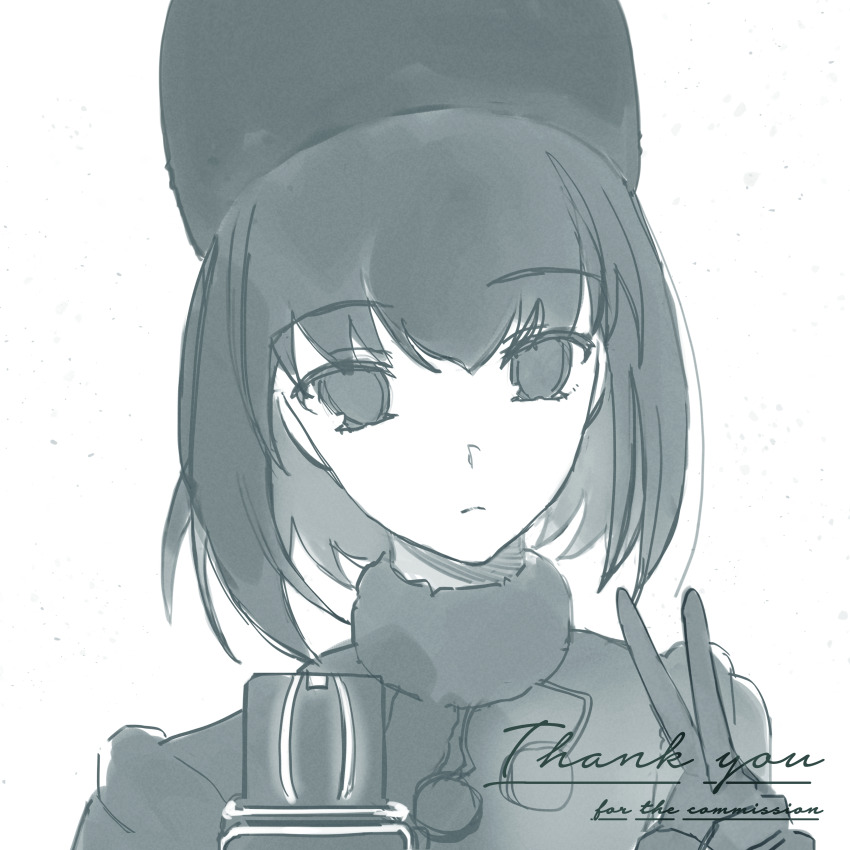 1girl absurdres black_capelet black_dress black_eyes black_gloves black_hair camera capelet dress fur_hat gloves hair_between_eyes hat highres holding holding_camera kuonji_alice looking_at_viewer mahou_tsukai_no_yoru short_hair simple_background solo type-moon v victory_pose white_background yuishironeko