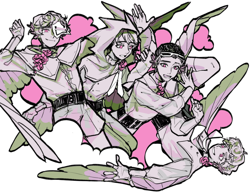 4boys absurdres alternate_costume bird_wings border chinese_commentary commentary_request connoreatspants cosplay flower flying fruitberries highres hood hood_up jack_manifold kigurumi male_focus mask mc_championship minecraft_youtube multiple_boys pink_theme sketch smile spot_color tommyinnit tttttaniaaaaa white_border wings