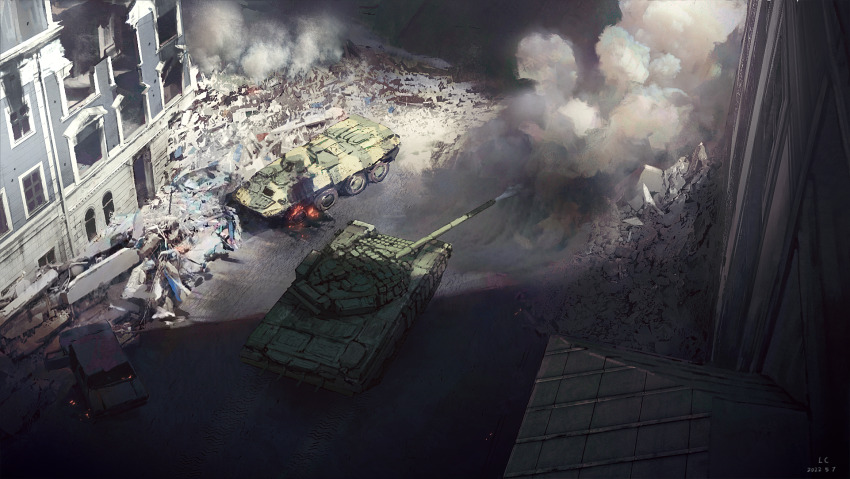 armor armored_personnel_carrier armored_vehicle battle building car caterpillar_tracks destruction fire firing gun highres lhlclllx97 military military_vehicle motor_vehicle no_humans road rubble scenery smoke street t-72 tank vehicle_focus war weapon