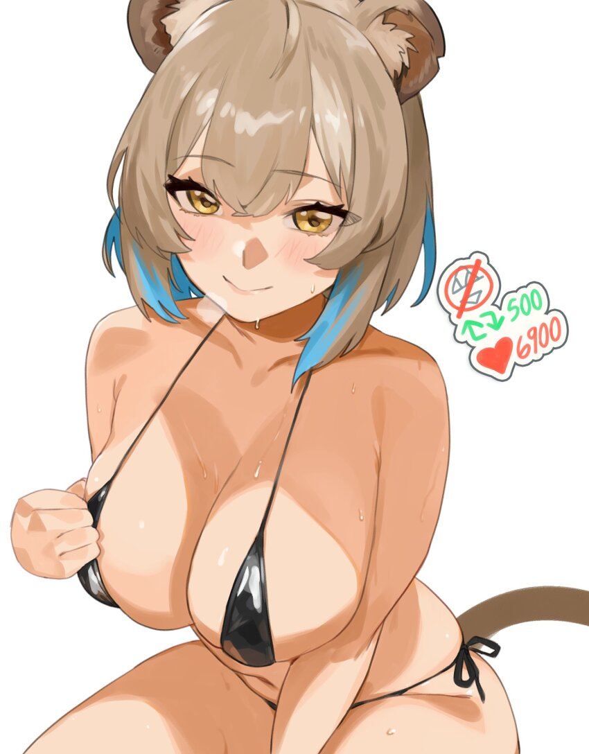 1girl animal_ears armpits arms_up bikini blue_hair breasts brown_eyes brown_hair cleavage colored_inner_hair drawstring hazumi_aileen highres indie_virtual_youtuber lion_ears lion_tail looking_at_viewer micro_bikini multicolored_hair navel simple_background sitting smile solo swimsuit tagme tail teasing thernz thighs twitter_strip_game two-tone_hair virtual_youtuber white_background