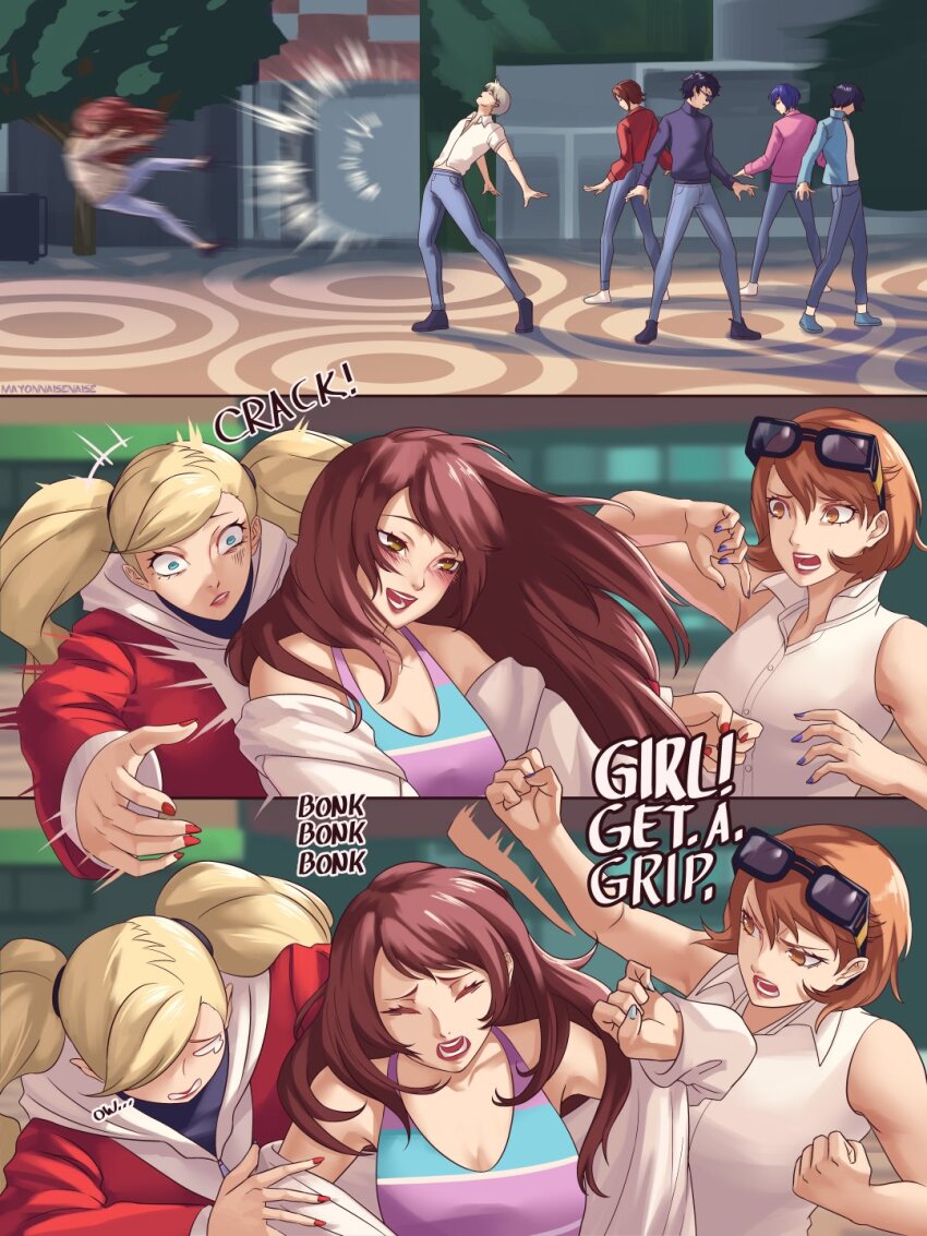 3girls 5boys amamiya_ren bare_shoulders black_hair black_sweater blonde_hair blue_eyes blue_hair blue_nails blue_pants blurry blurry_background bonk brown_eyes brown_hair commentary dancing denim english_commentary eyewear_on_head full_body glasses grey_hair highres hood hood_down hoodie in-franchise_crossover jeans kpop_demon_hunters kujikawa_rise long_hair looking_at_another mayonnaisenais3 motion_blur motion_lines multiple_boys multiple_girls nail_polish narukami_yu pants parody persona persona_1 persona_2 persona_3 persona_4 persona_5 pink_shirt red_nails red_shirt scene_reference shirt short_hair sleeveless sleeveless_shirt standing sunglasses suou_tatsuya sweater takamaki_anne takeba_yukari tarot the_lovers_(tarot) toudou_naoya trait_connection turtleneck turtleneck_sweater twintails upper_body white_shirt yuuki_makoto_(persona_3)