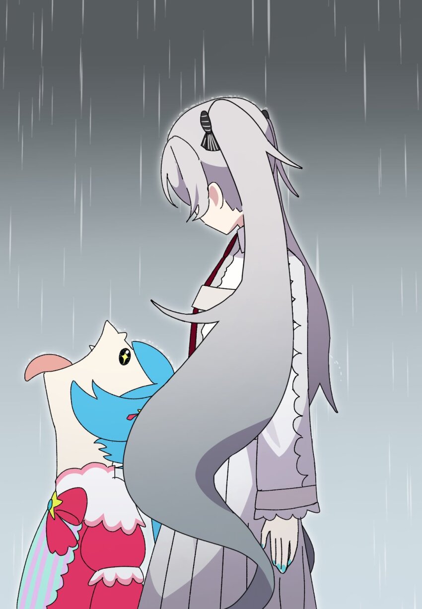 25-ji_miku 25-ji_nightcord_de._(project_sekai) 2girls black_eyes bloomers chest_harness dress facing_up from_side goku_and_vegeta_in_the_rain_(meme) grey_hair grey_sky hair_ornament harness hatsune_miku highres kare08118892607 looking_at_another looking_up meme multiple_girls multiple_persona nail_polish necktie open_mouth overcast project_sekai rain red_bloomers skirt sky sparkling_eyes striped_clothes striped_dress tongue tongue_out underwear vertical-striped_clothes vertical-striped_dress vocaloid wonderlands_x_showtime_(project_sekai) wonderlands_x_showtime_miku