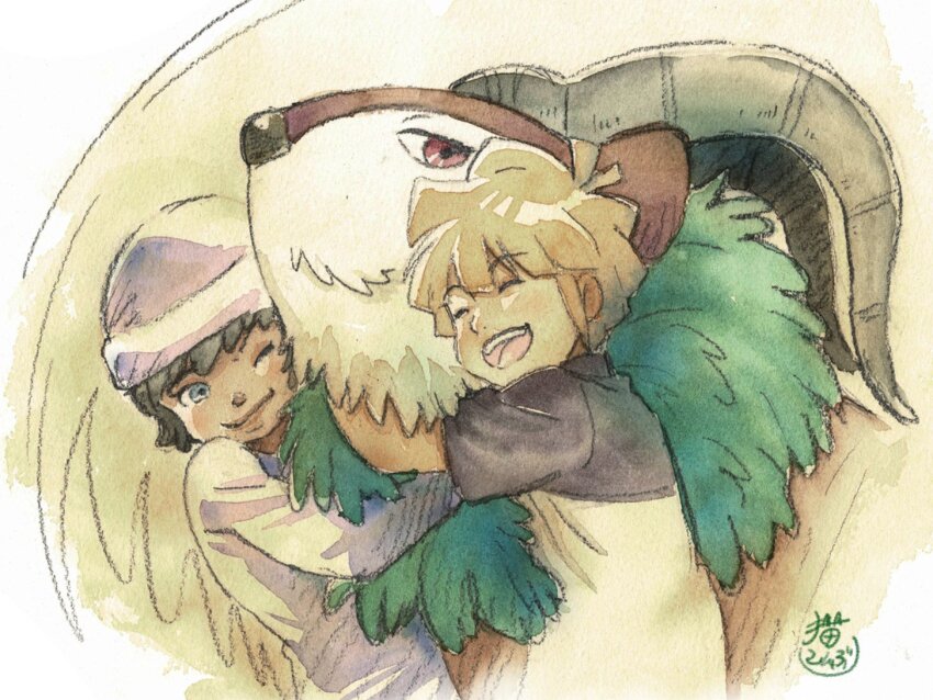 2boys :d ;) affectionate beanie black_hair blonde_hair blue_eyes brown_eyes closed_mouth commentary_request gen_6_pokemon gogoat happy hat hug male_focus multiple_boys nintendo official_art one_eye_closed open_mouth pokemon pokemon_(creature) purple_hat shirt short_hair short_sleeves signature smile teeth tongue upper_teeth_only